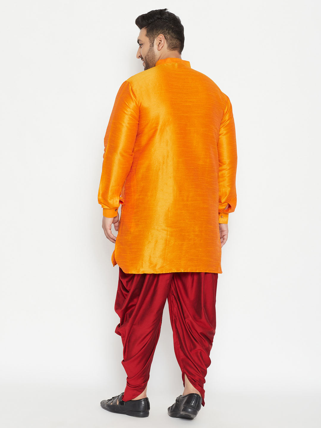 Men's Plus Size Orange Silk Blend Curved Kurta Dhoti Set