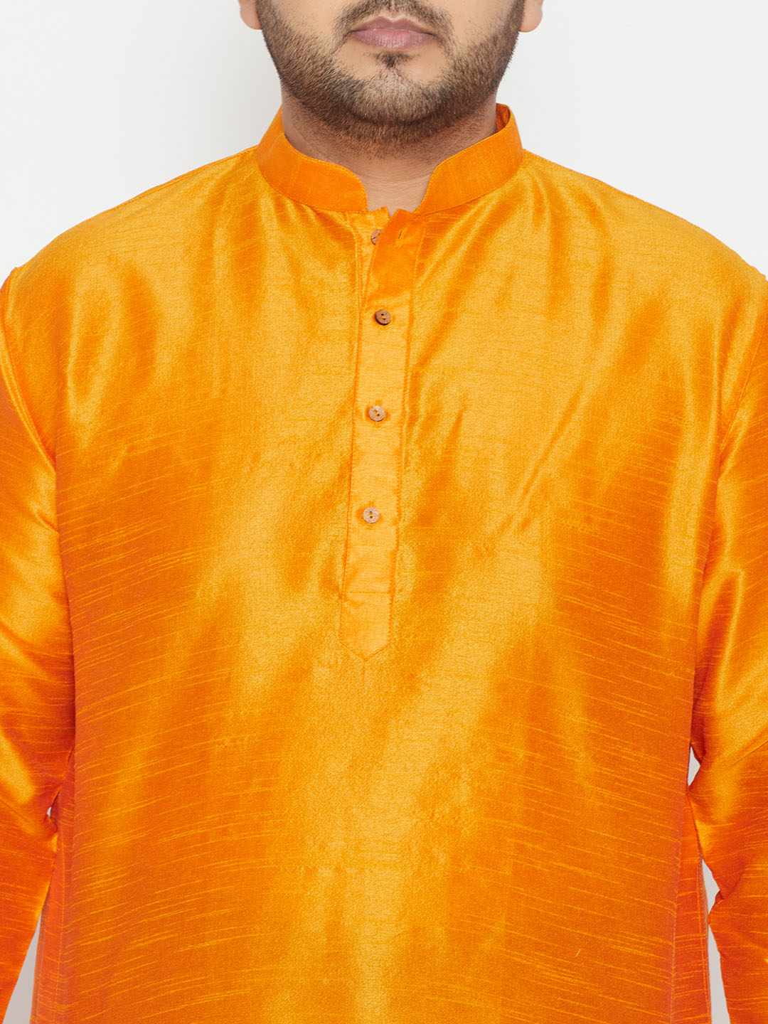 Men's Plus Size Orange Silk Blend Curved Kurta Dhoti Set
