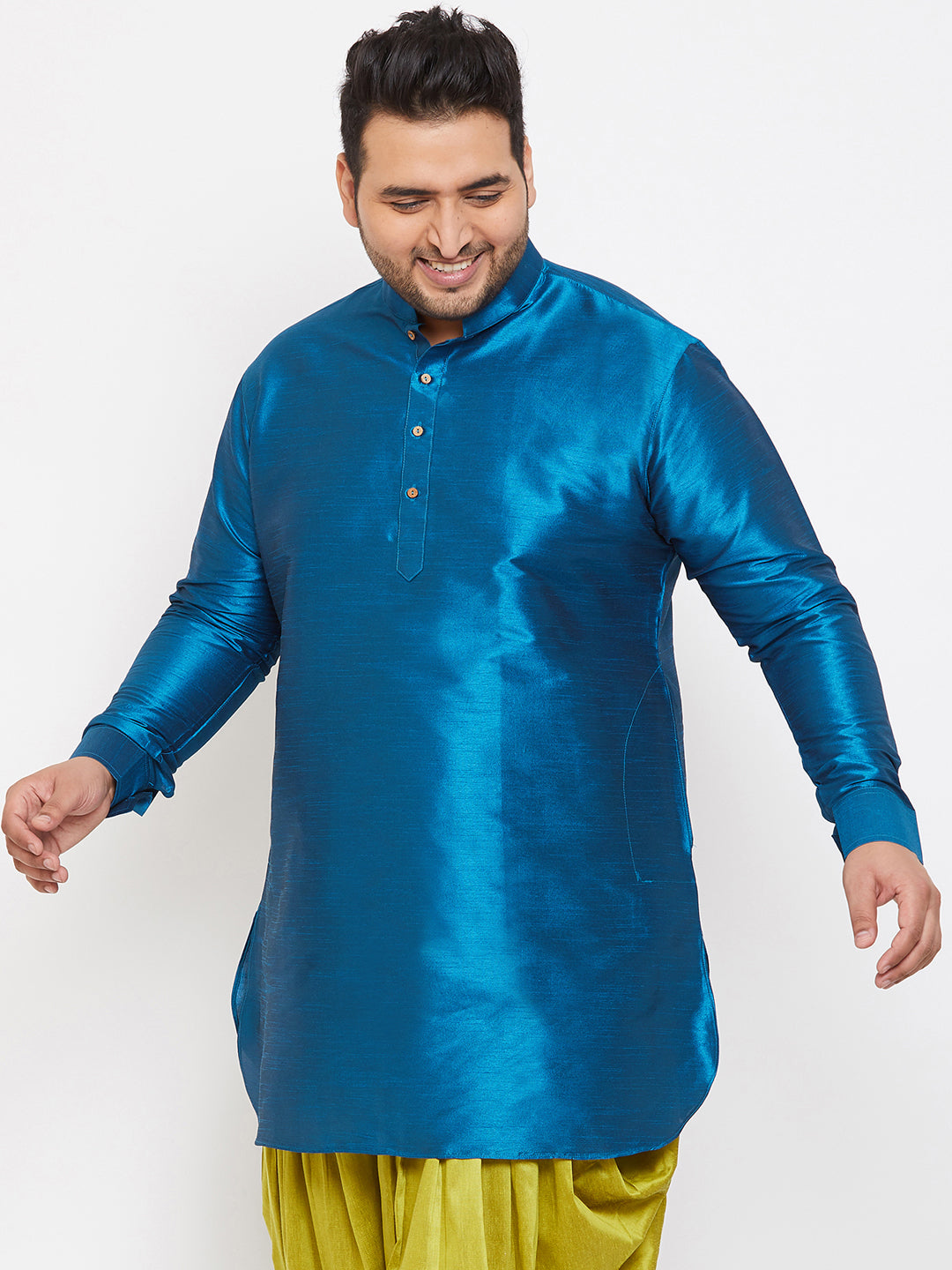 Men's Plus Size Turquoise Silk Blend Curved Kurta