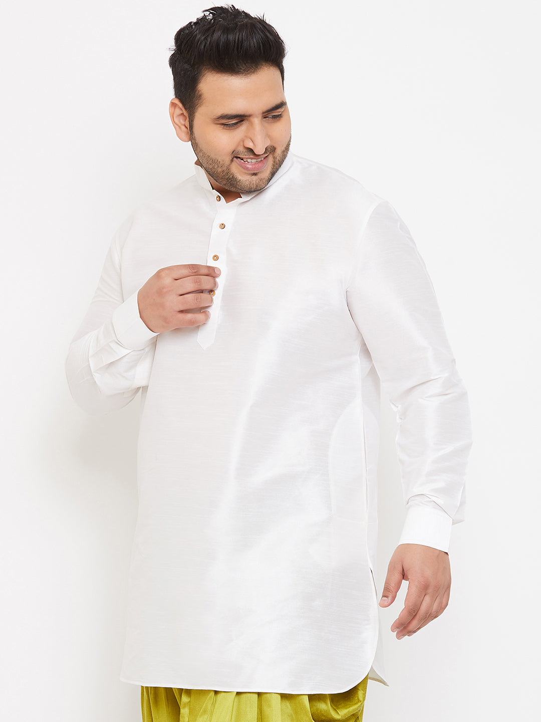 Men's Plus Size White Silk Blend Curved Kurta