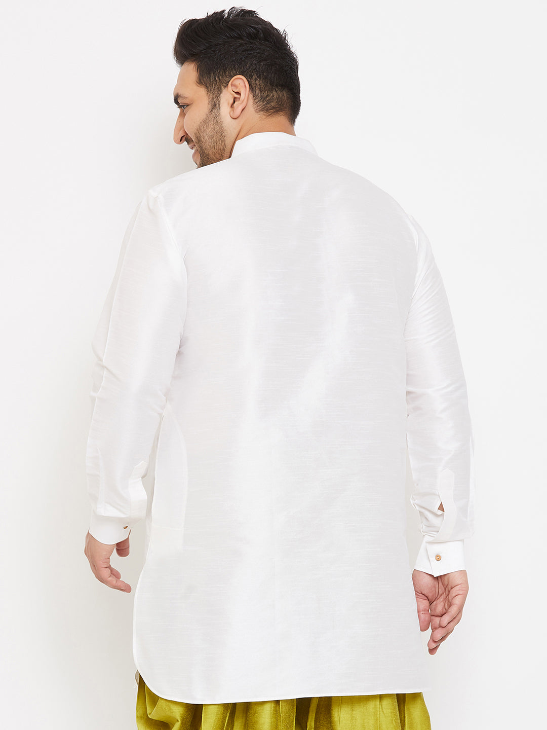 Men's Plus Size White Silk Blend Curved Kurta