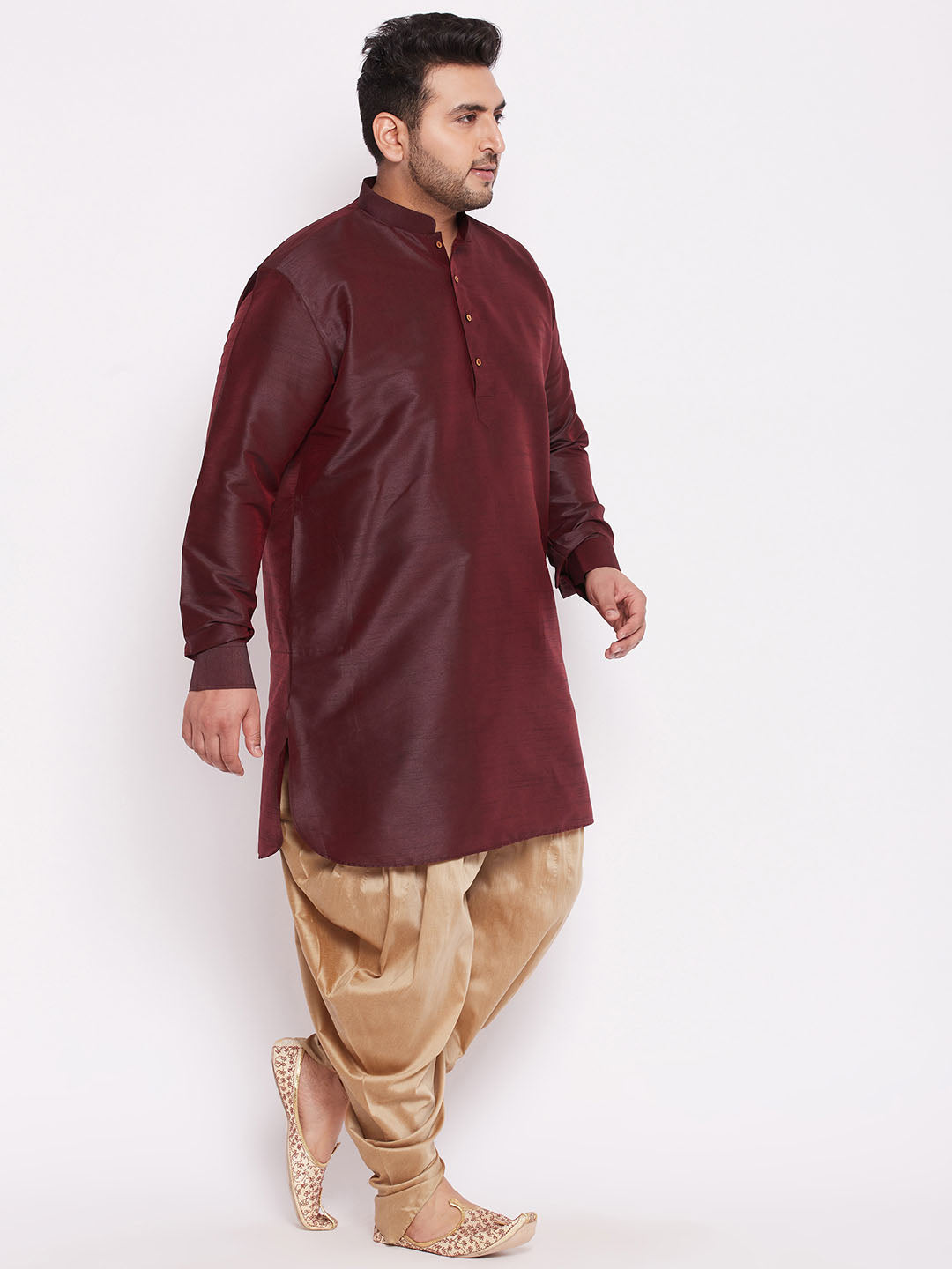 Men's Plus Size Wine Silk Blend Curved Kurta Dhoti Set