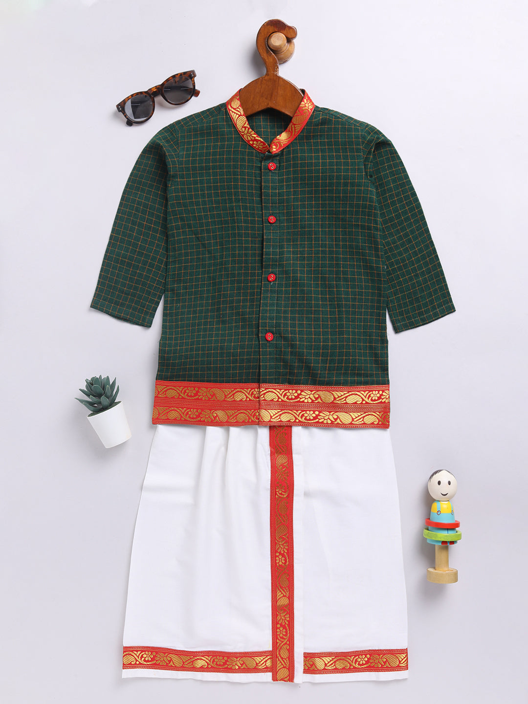 Vastramay Infant Boys Green Cotton Kurta And Mundu Set For Infants. - qivii