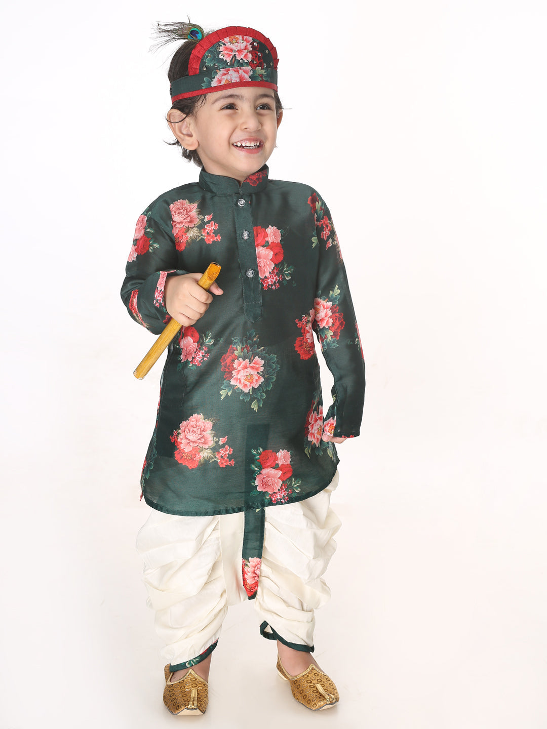 VASTRAMAY Boys Multicolor-Base-Green Cotton Blend Kurta and Dhoti Set - qivii