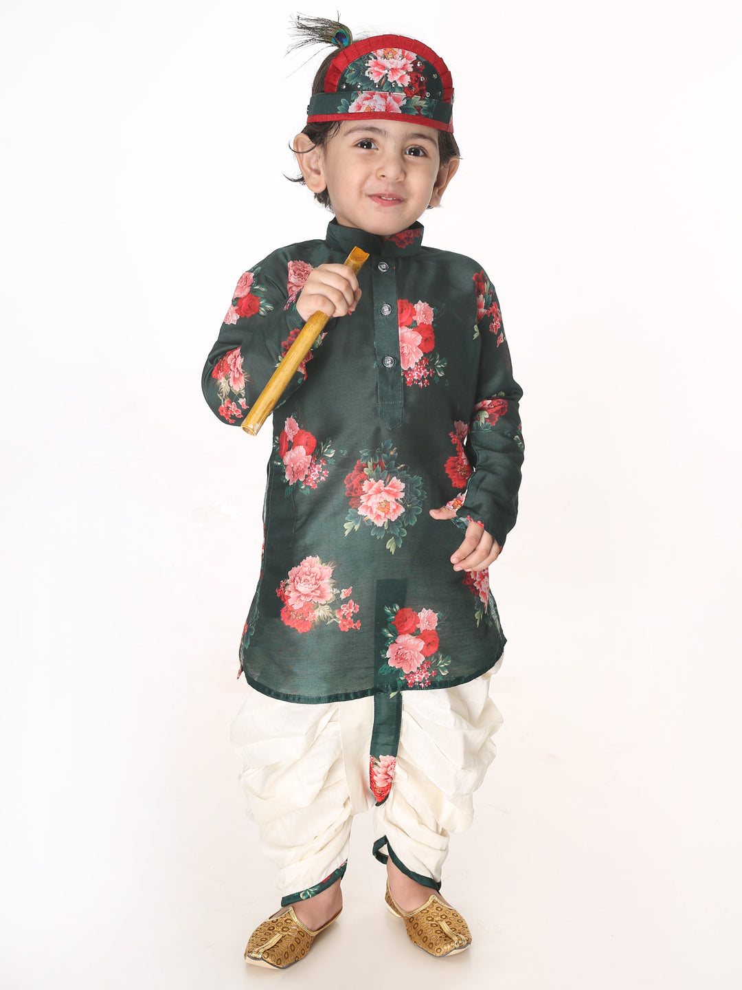 VASTRAMAY Boys Multicolor-Base-Green Cotton Blend Kurta and Dhoti Set - qivii
