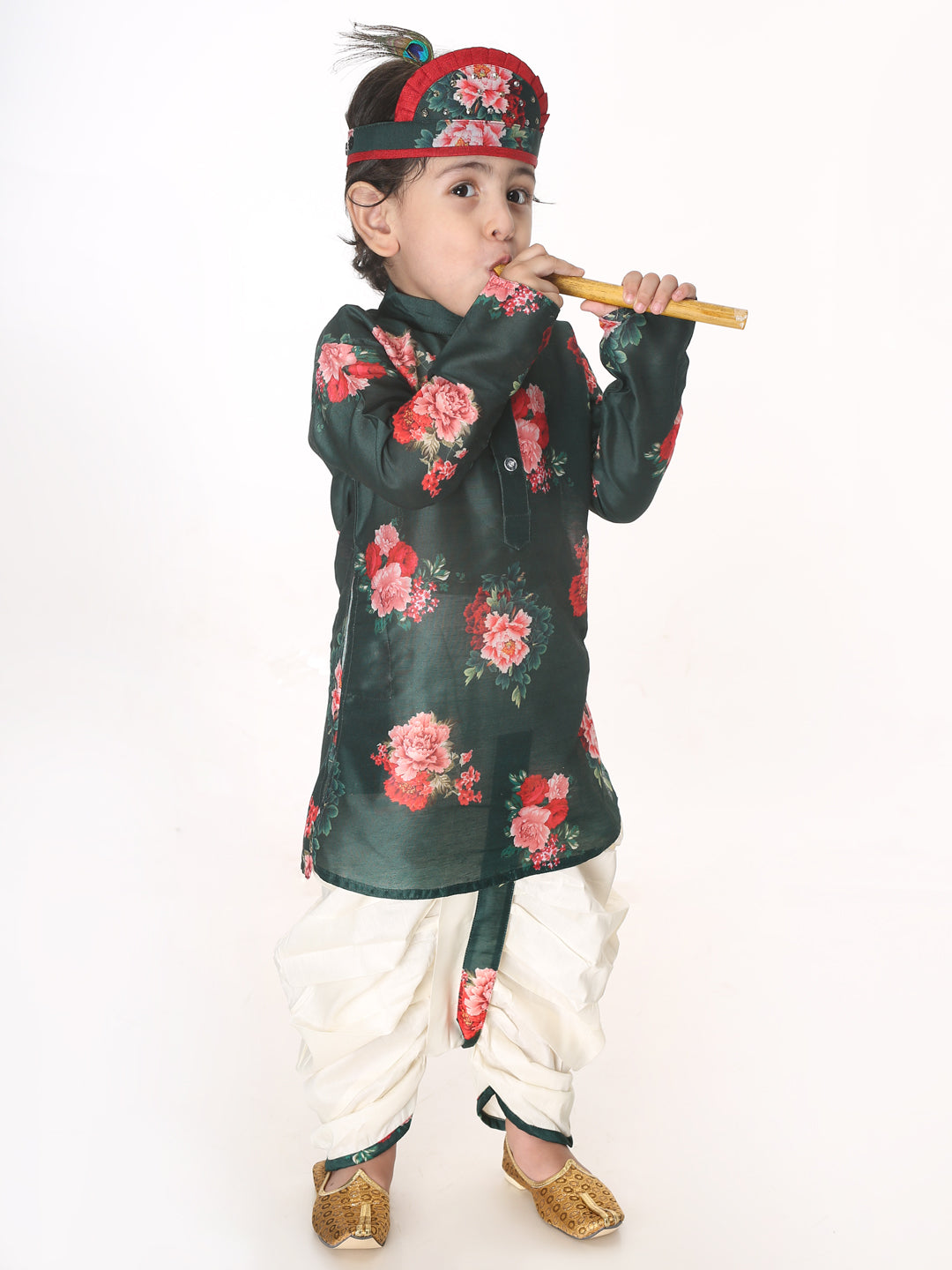 VASTRAMAY Boys Multicolor-Base-Green Cotton Blend Kurta and Dhoti Set - qivii