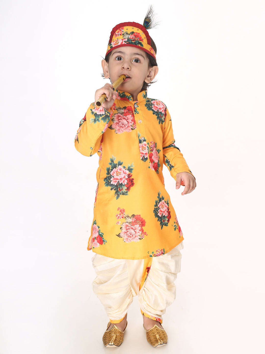 VASTRAMAY Boys Multicolor-Base-Yellow Cotton Blend Kurta and Dhoti Set - qivii