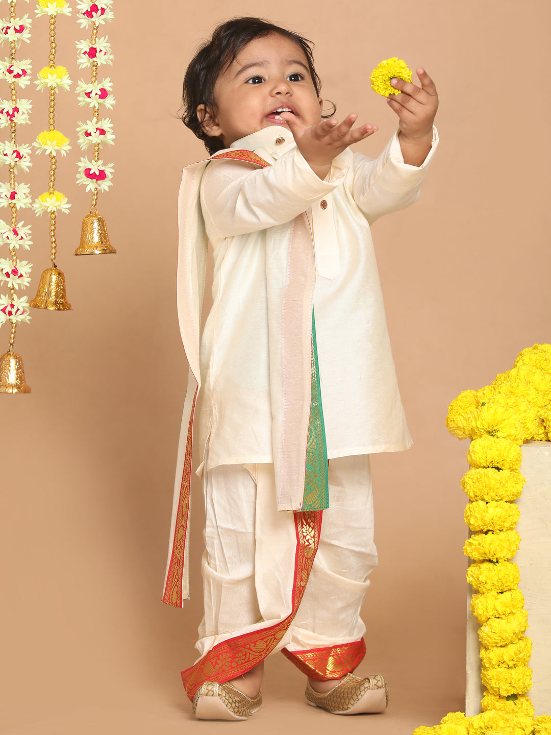 VASTRAMAY Boy's Cream-Colored Kurta With Dhoti Pants & Dupatta Set - qivii