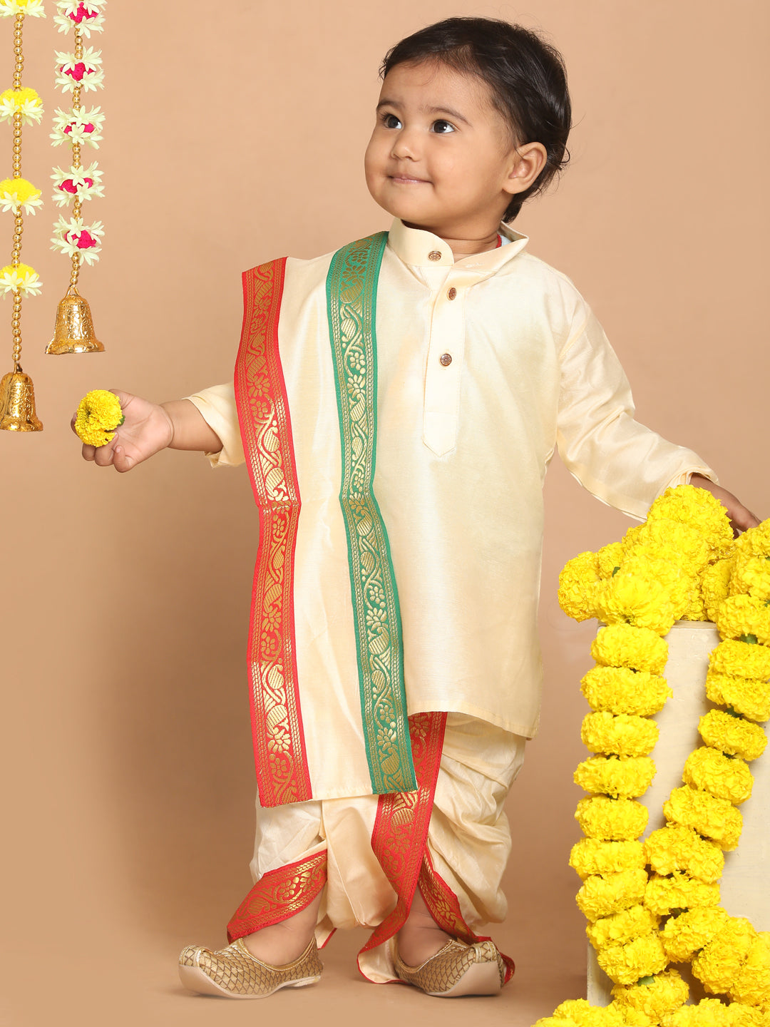 VASTRAMAY Boy's Gold-Toned Kurta with Dhoti Pants & With Dupatta - qivii