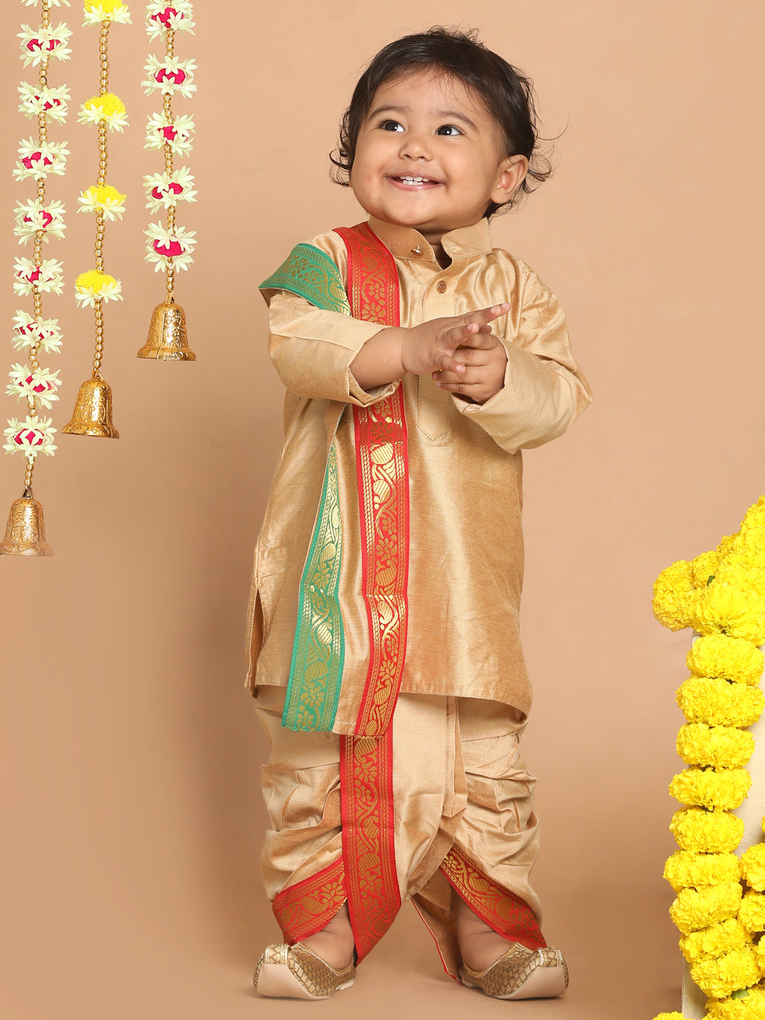 VASTRAMAY Boy's Rose Gold Kurta with Dhoti Pants & With Dupatta Set - qivii