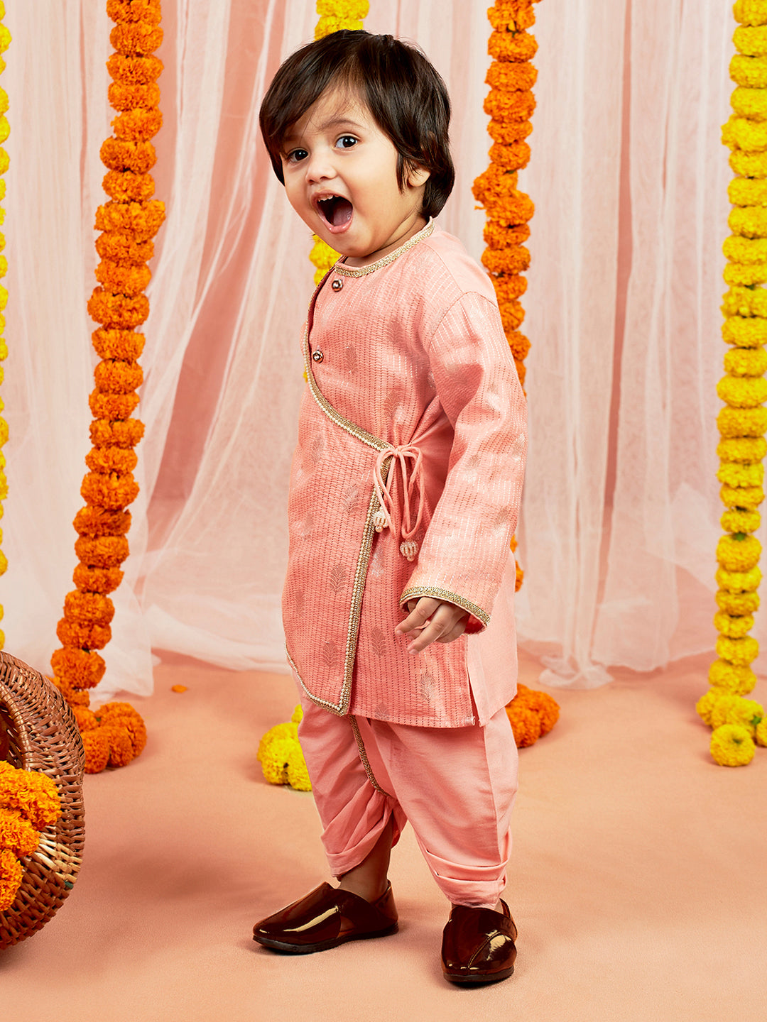 Vastramay Infant Boys Pink Silk Blend Kurta and Dhoti Set - qivii
