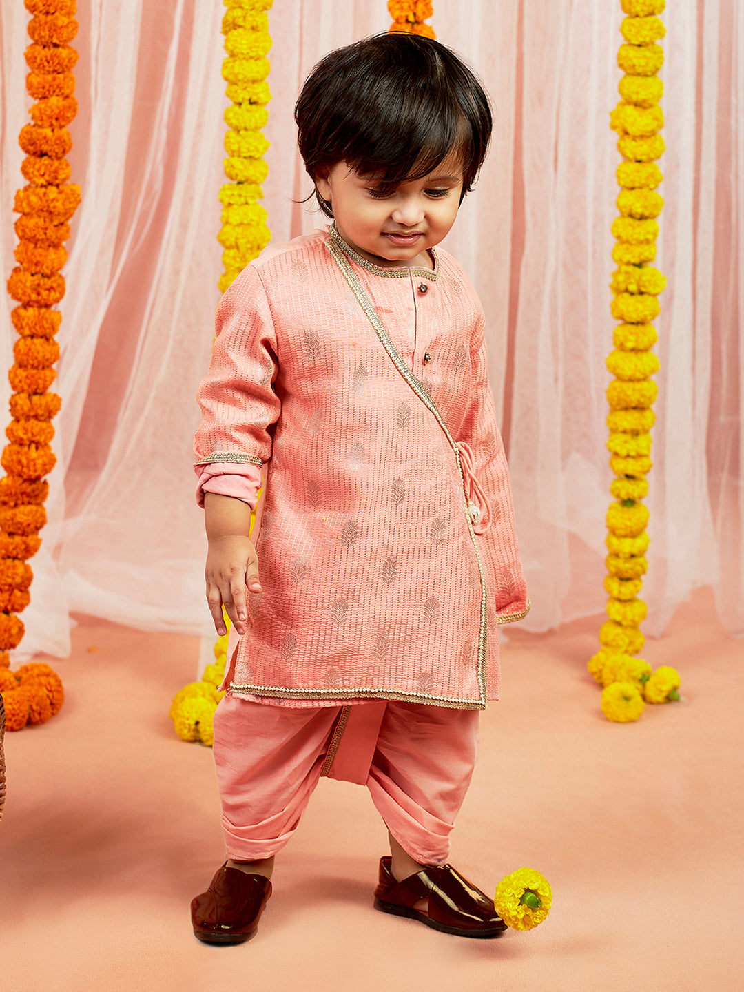 Vastramay Infant Boys Pink Silk Blend Kurta and Dhoti Set - qivii