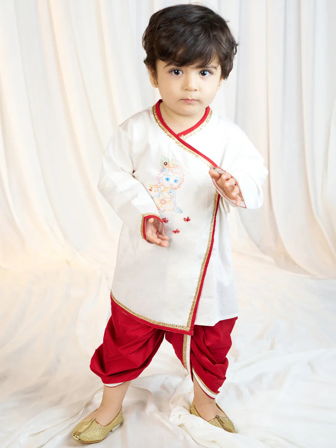 Boys White Fine Satin Kurta Dhoti Set with Embroidery