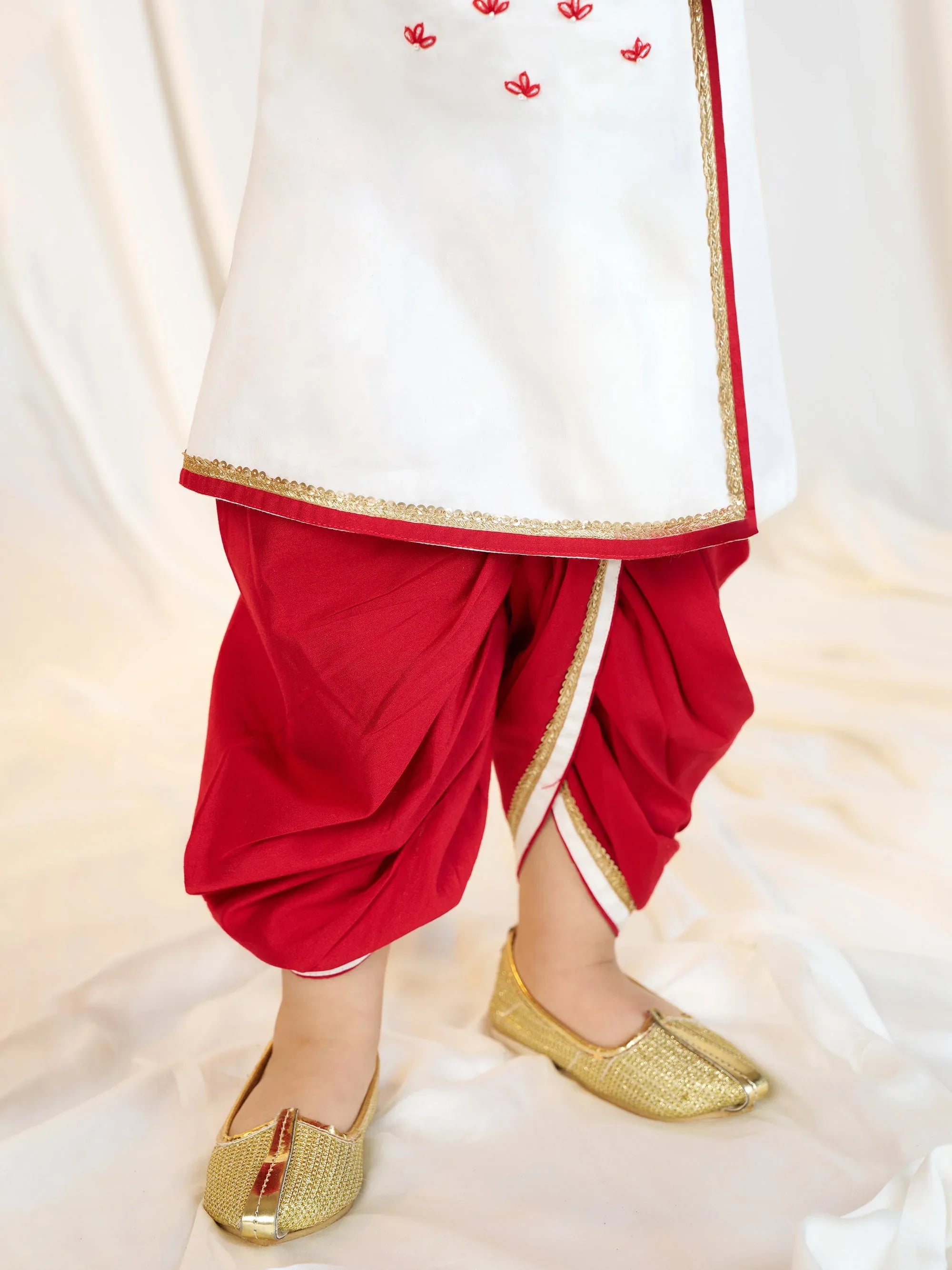 Boys White Fine Satin Kurta Dhoti Set with Embroidery