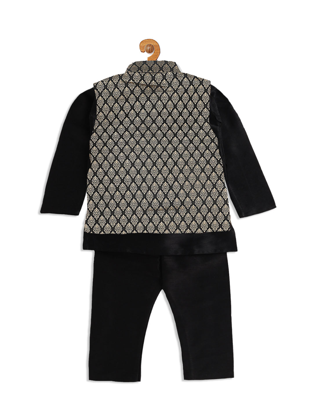 VASTRAMAY Boy's Black Woven Design Slim Fit Nehru Jacket And Black Kurta Pyjama Set - qivii