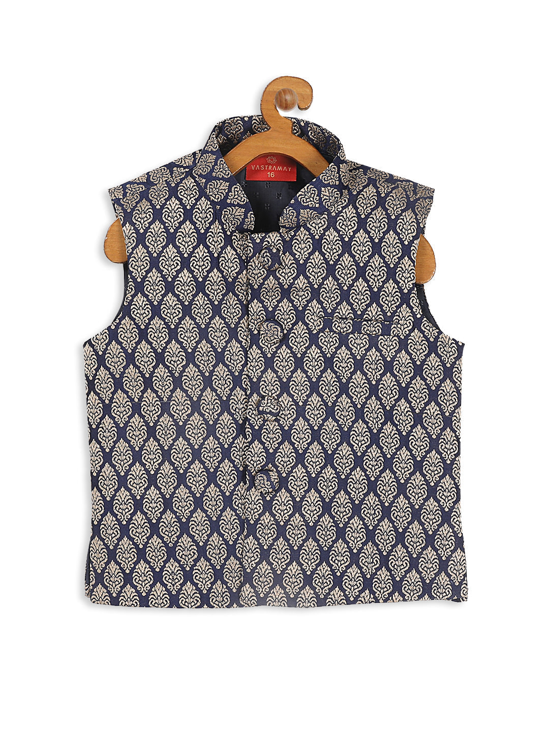 VASTRAMAY Boy's Blue Woven Design Slim Fit Nehru Jacket - qivii