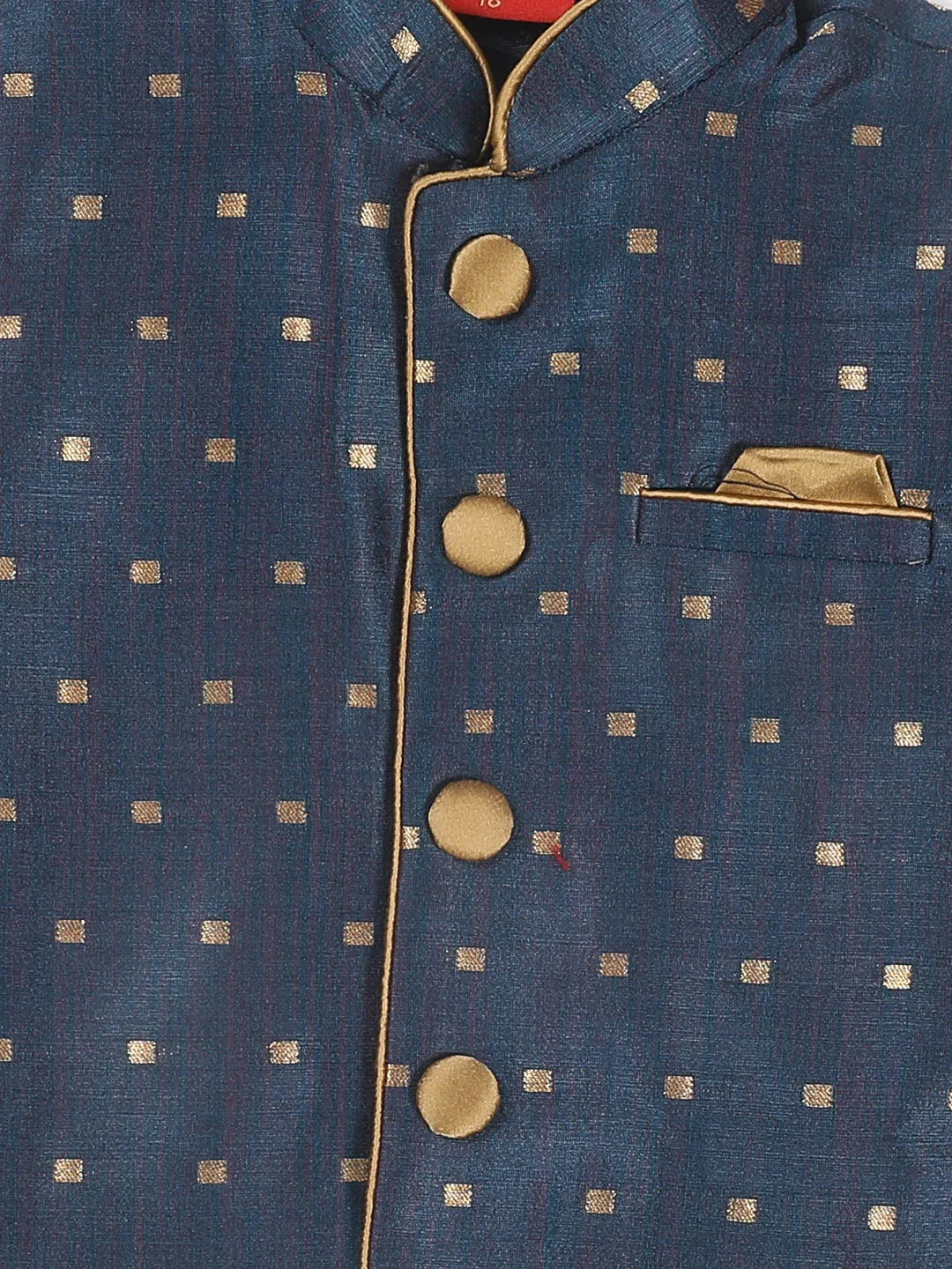 Sishu Boy's Gold-Toned & Blue Color Woven Design Nehru Jacket