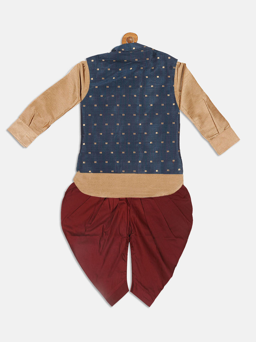 VASTRAMAY SISHU Boy's Blue Booti Woven Design Slim Fit Nehru Jacket And Rose Gold Kurta With Maroon Dhoti Set - qivii