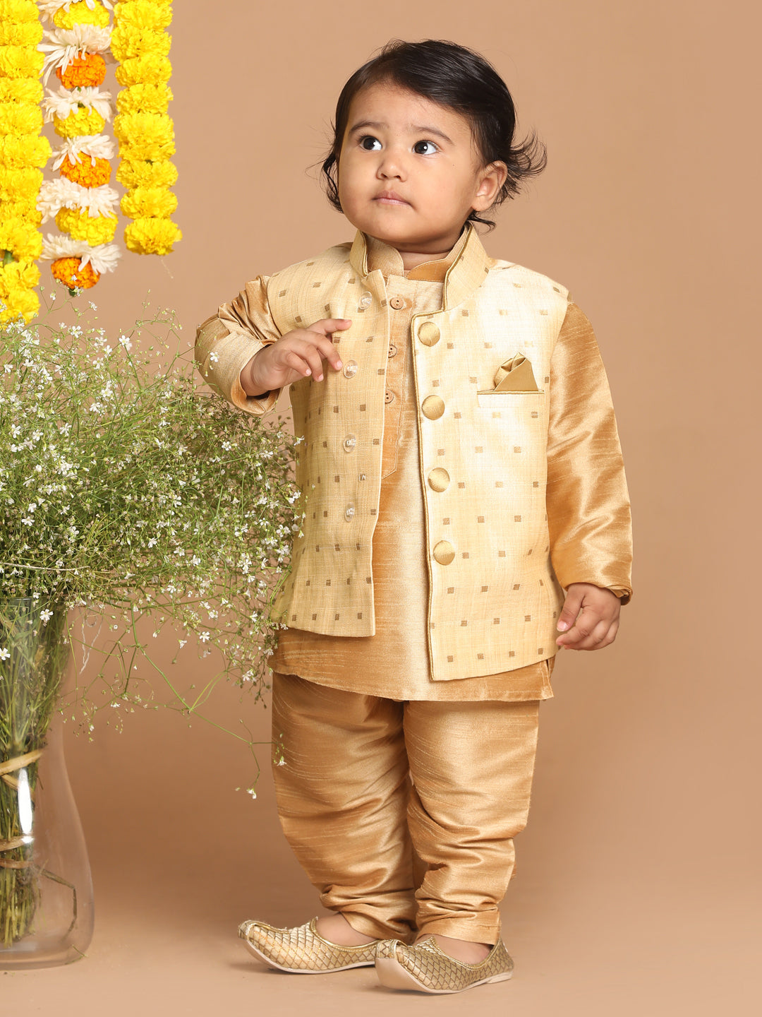 VASTRAMAY SISHU Boy's Rose Gold Kurta And Pajama With Gold Jacket - qivii