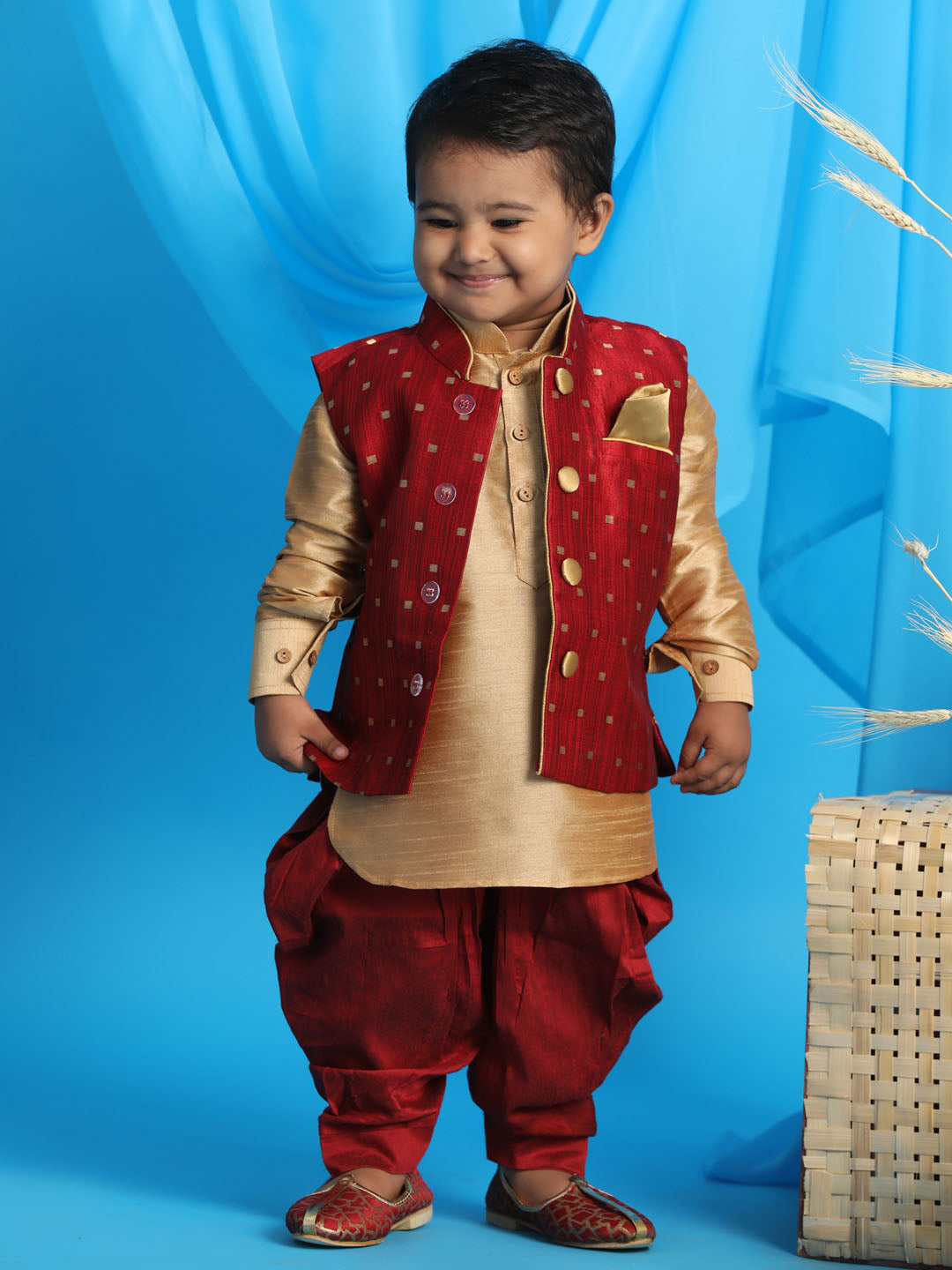 VASTRAMAY SISHU Boy's Maroon Booti Woven Design Slim Fit Nehru Jacket And Rose Gold Kurta With Maroon Dhoti Set - qivii