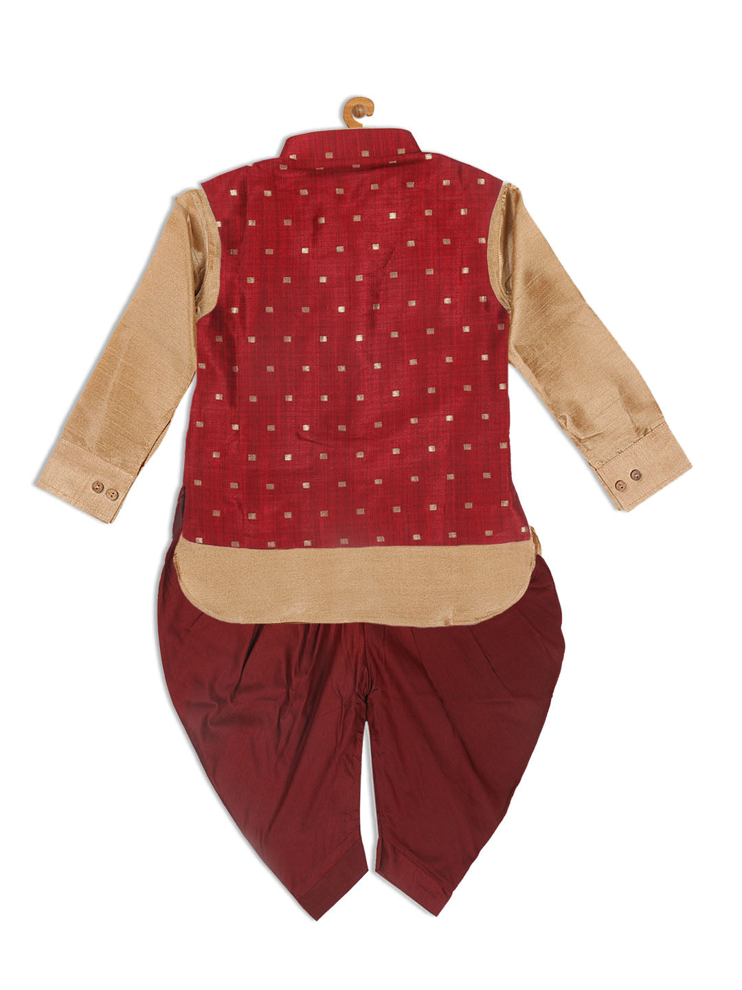 VASTRAMAY SISHU Boy's Maroon Booti Woven Design Slim Fit Nehru Jacket And Rose Gold Kurta With Maroon Dhoti Set - qivii