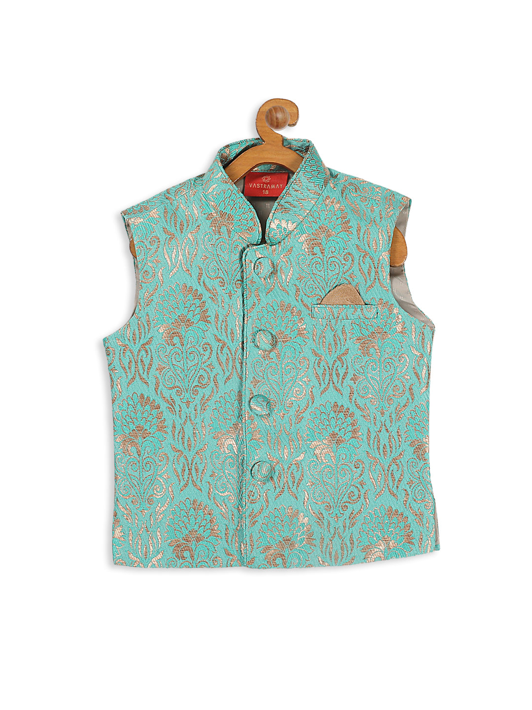 VASTRAMAY SISHU Boy's Green & Gold-Toned Woven Design Slim-Fit Nehru Jacket - qivii