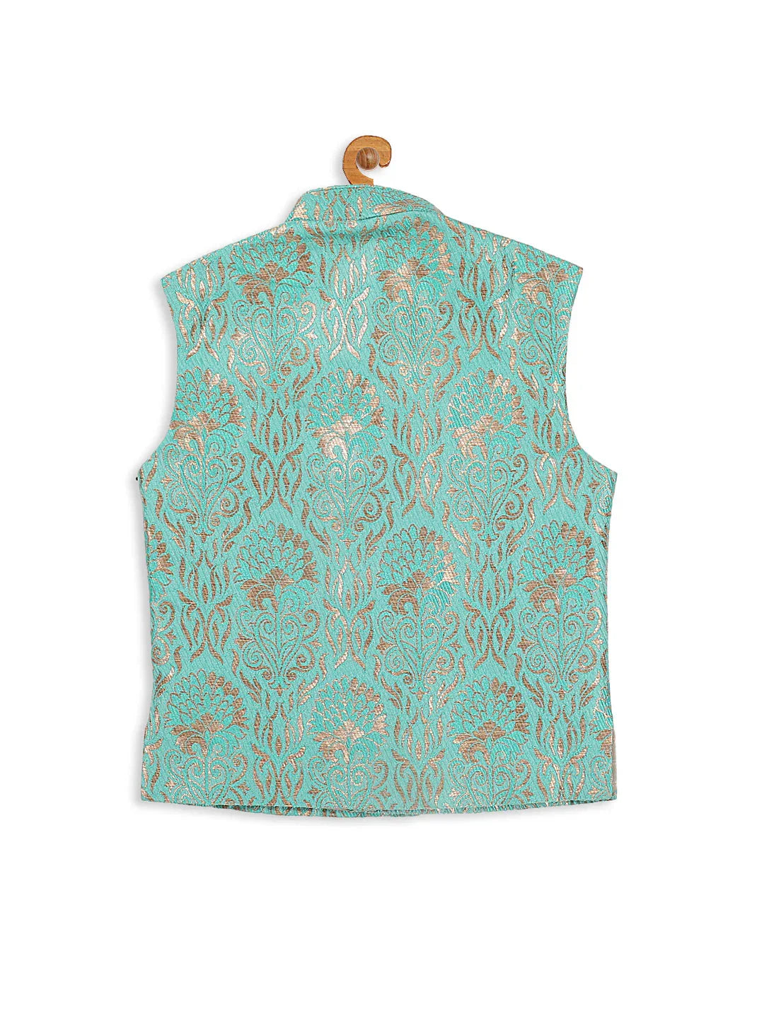 Sishu Boy's Green & Gold-Toned Woven Design Slim-Fit Nehru Jacket