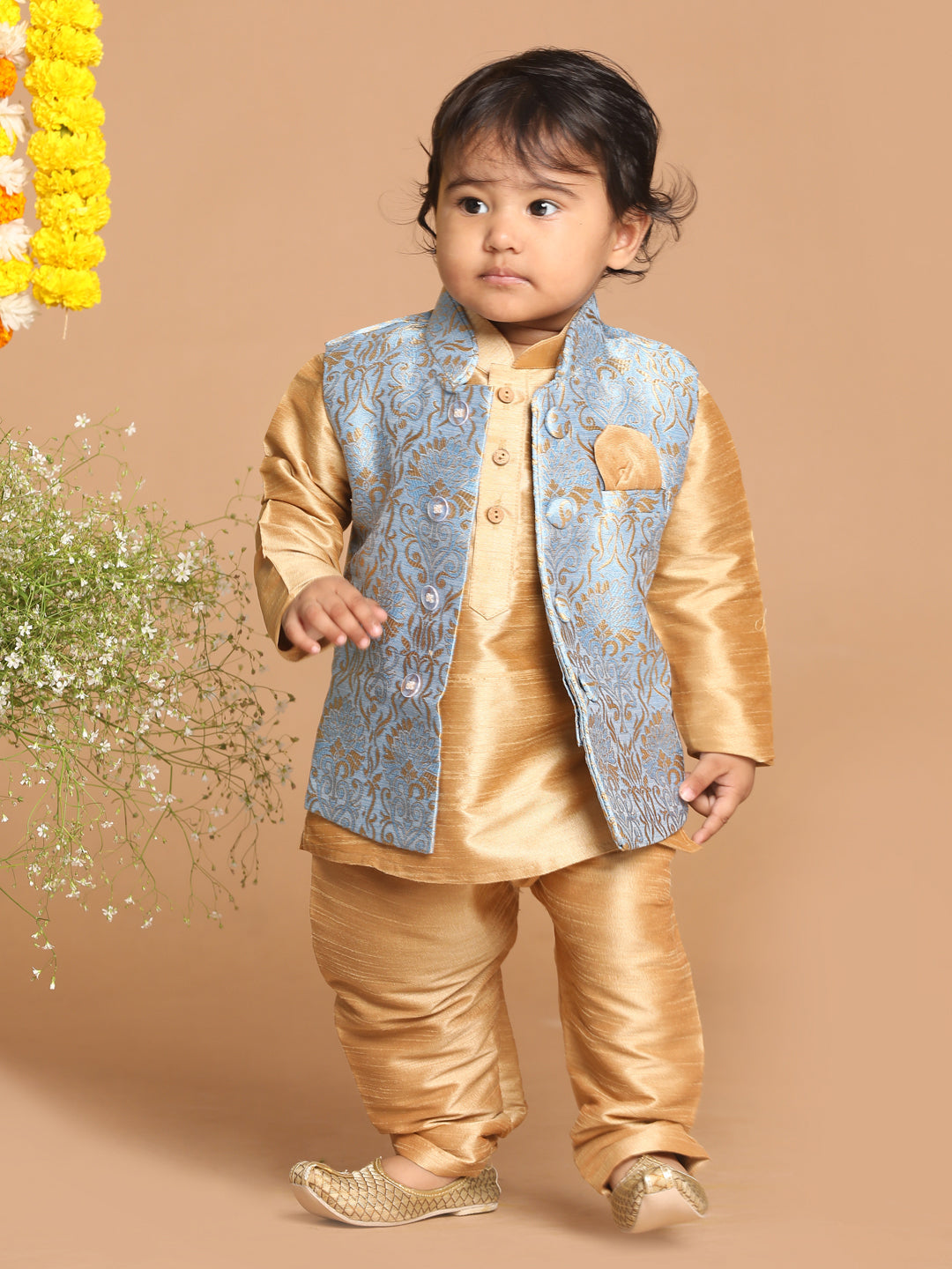 VASTRAMAY SISHU Boy's Grey & Gold -Colored Woven Design Nehru Jacket - qivii