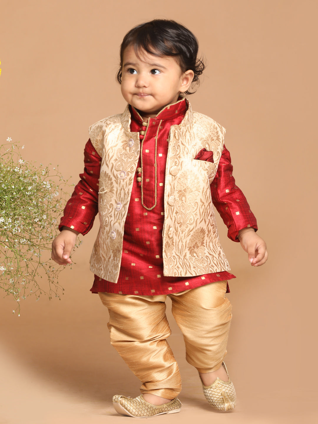 VASTRAMAY SISHU Boy's Maroon Ethnic Motifs Woven Design Kurta with Rose Gold Pyjama And Jacket - qivii