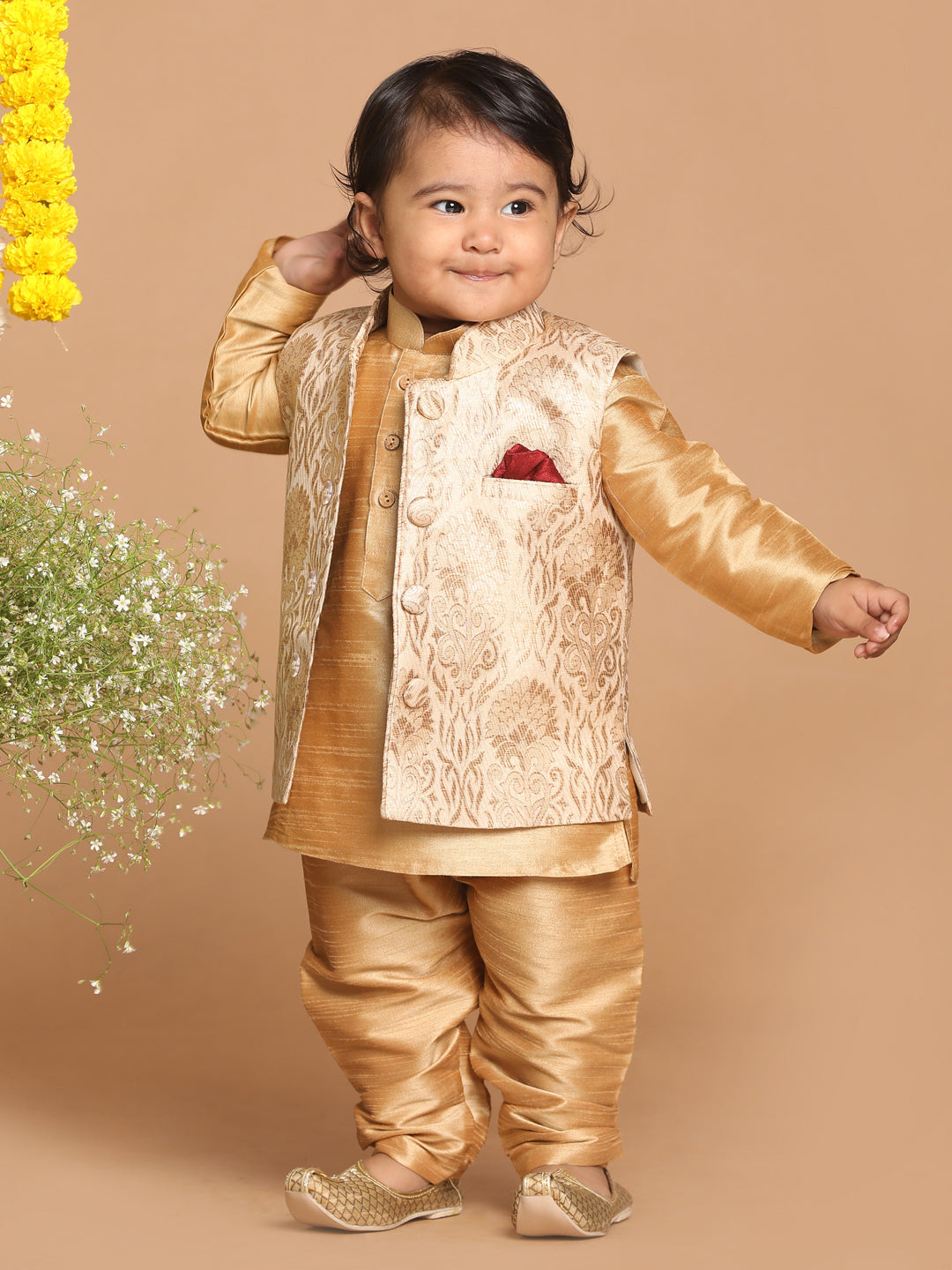 VASTRAMAY SISHU Boy's Rose Gold Printed Pyjama Set With Nehru Jacket - qivii