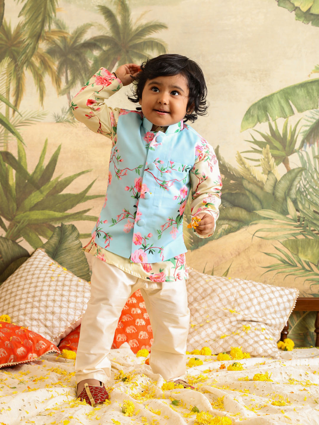 VASTRAMAY Boy's Aqua Blue Floral Silk Blend Nehru Jacket - qivii