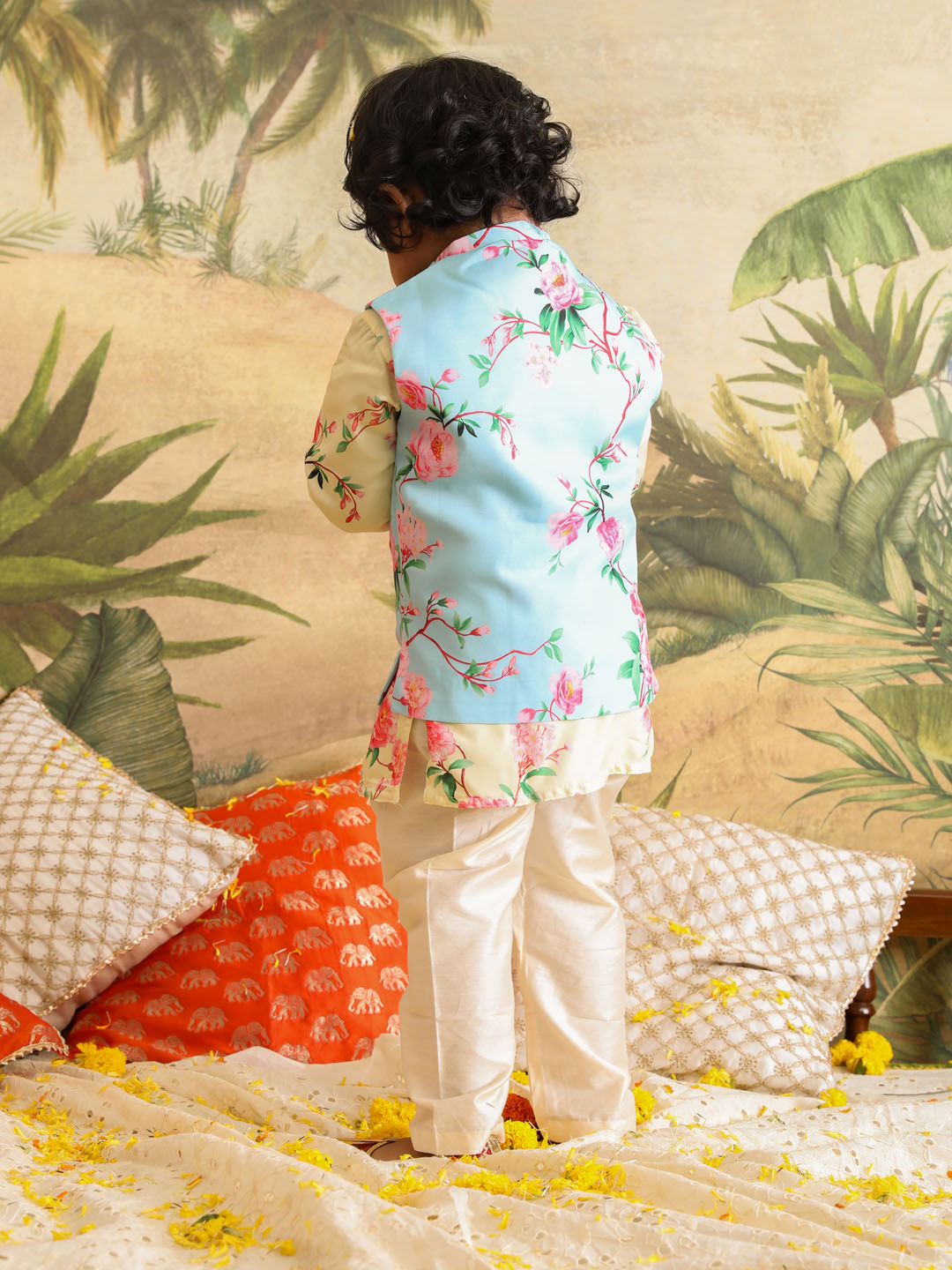 VASTRAMAY Boys' Jacket With Yellow Floral Printed Cotton Kurta Pyjama Set - qivii
