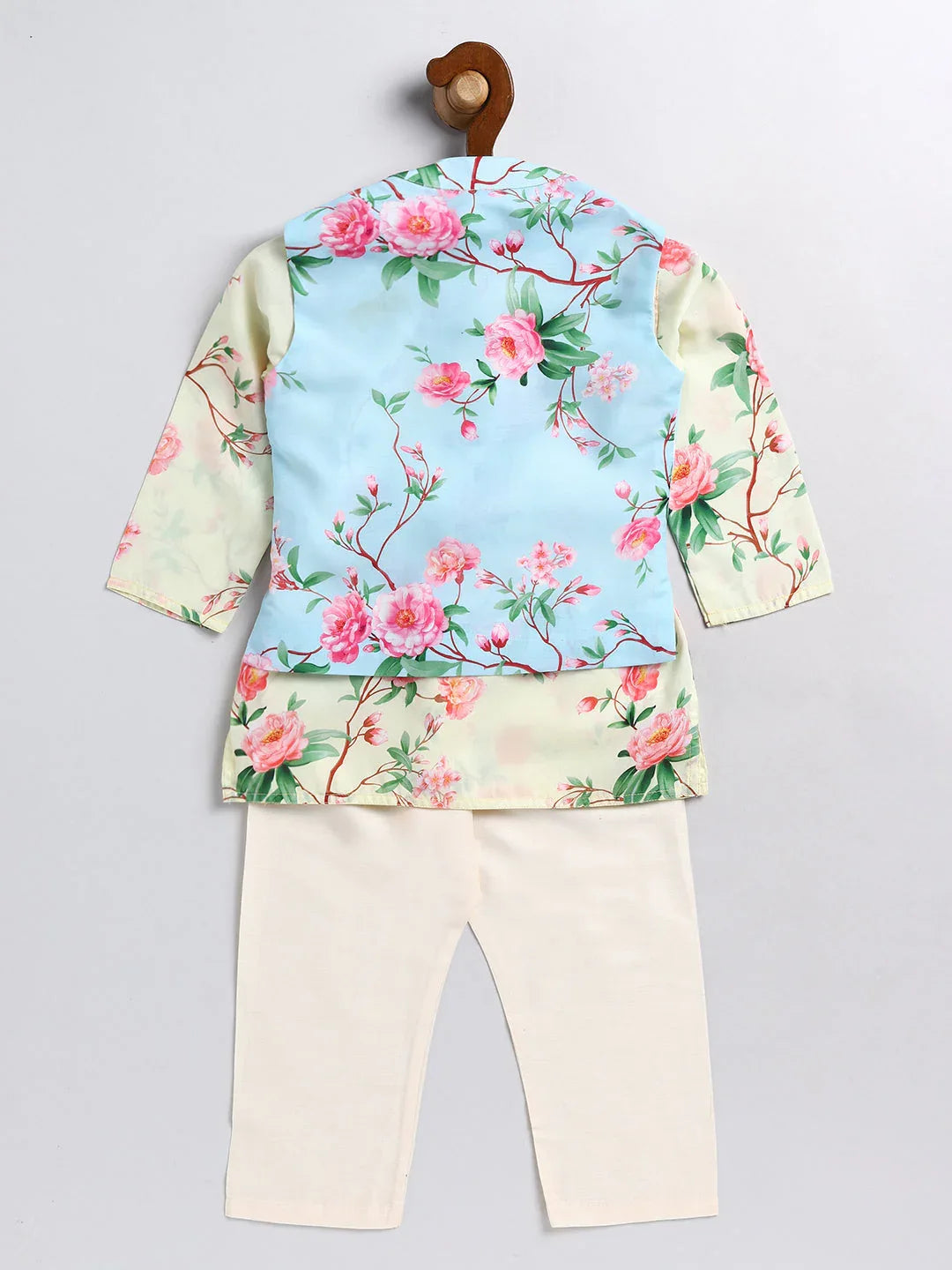 Boy's' Jacket With Yellow Floral Printed Cotton Kurta Pyjama Set