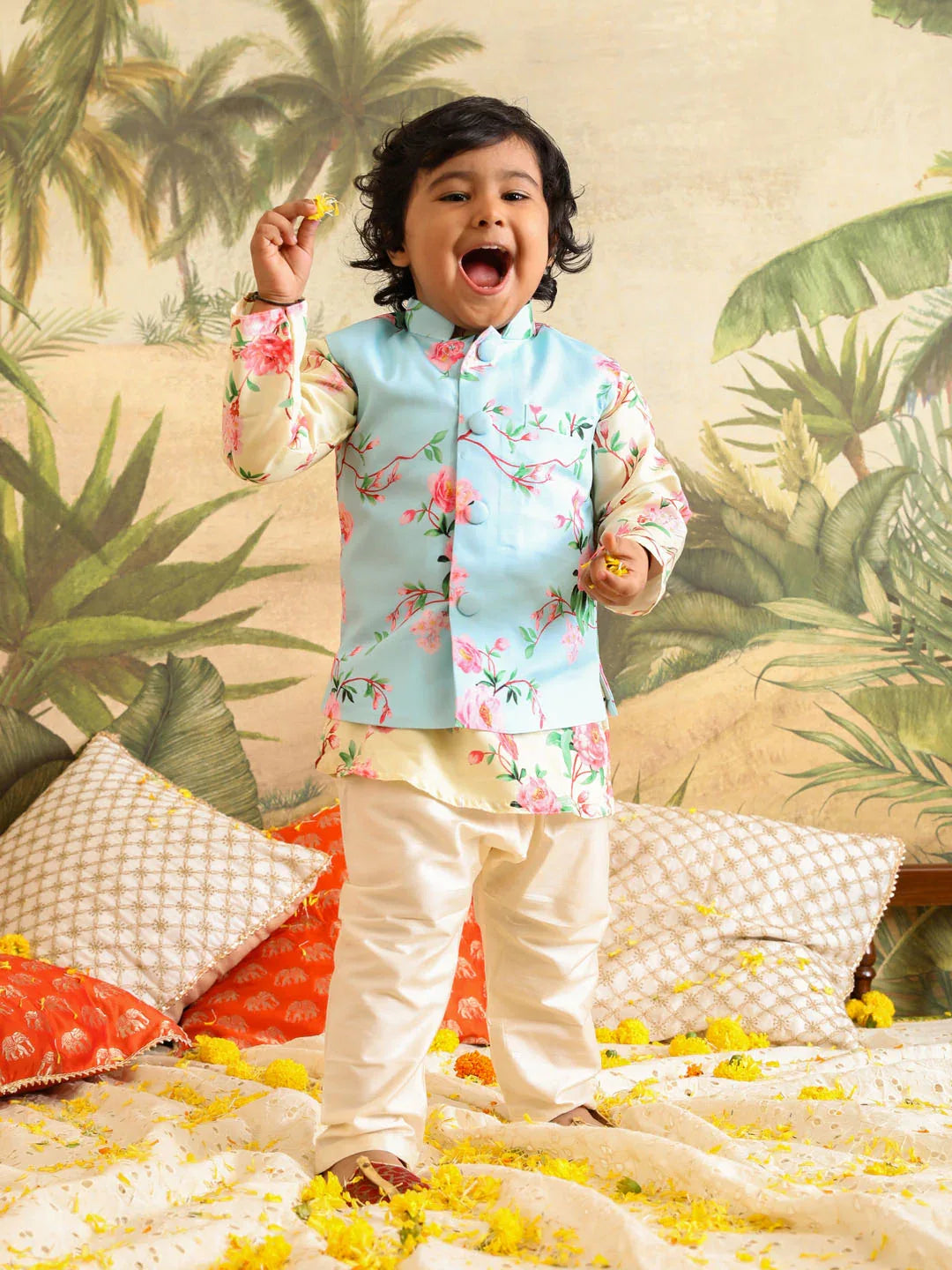 Boy's' Jacket With Yellow Floral Printed Cotton Kurta Pyjama Set