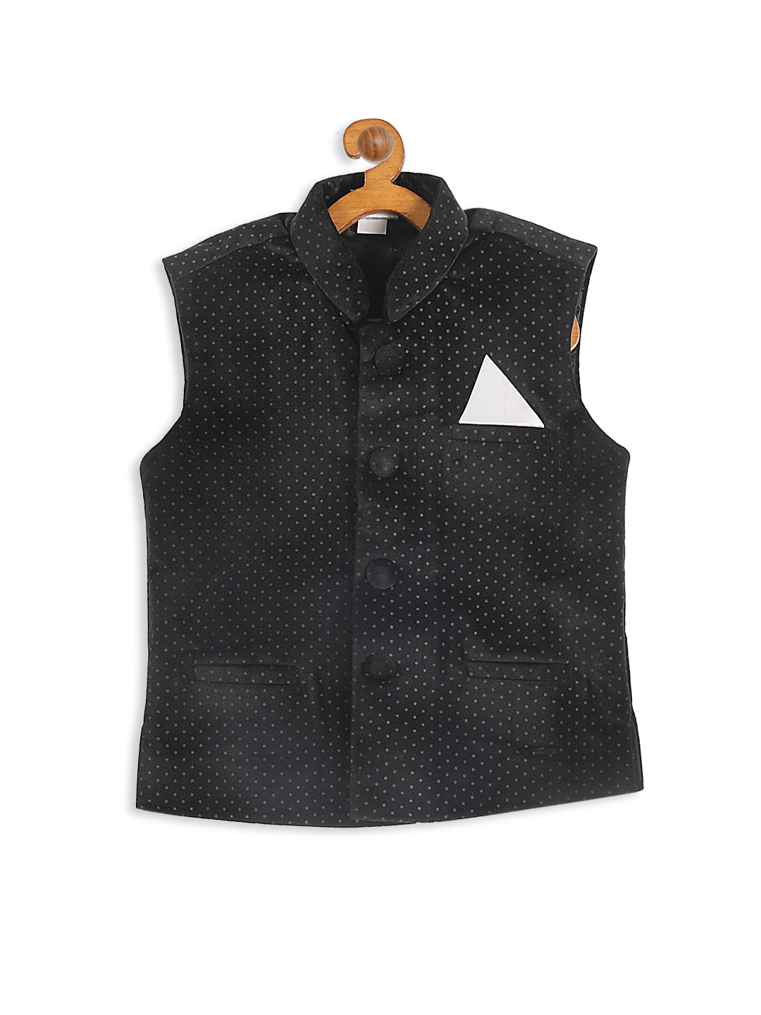 VASTRAMAY Boy's Black Polka Dot Printed Slim-Fit Nehru Jacket - qivii