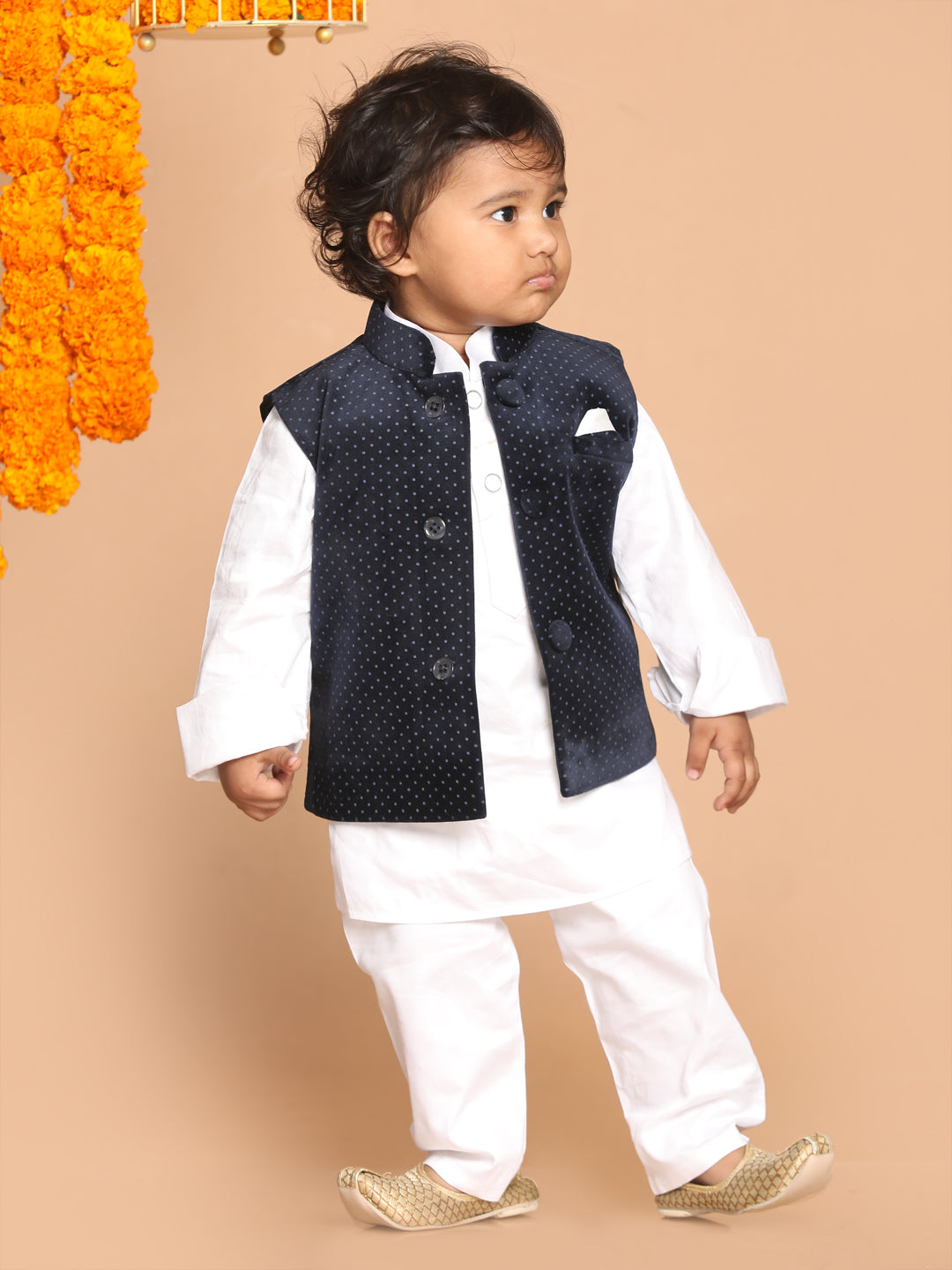 VASTRAMAY Boys Navy Blue & White Printed Velvet Nehru Jacket - qivii
