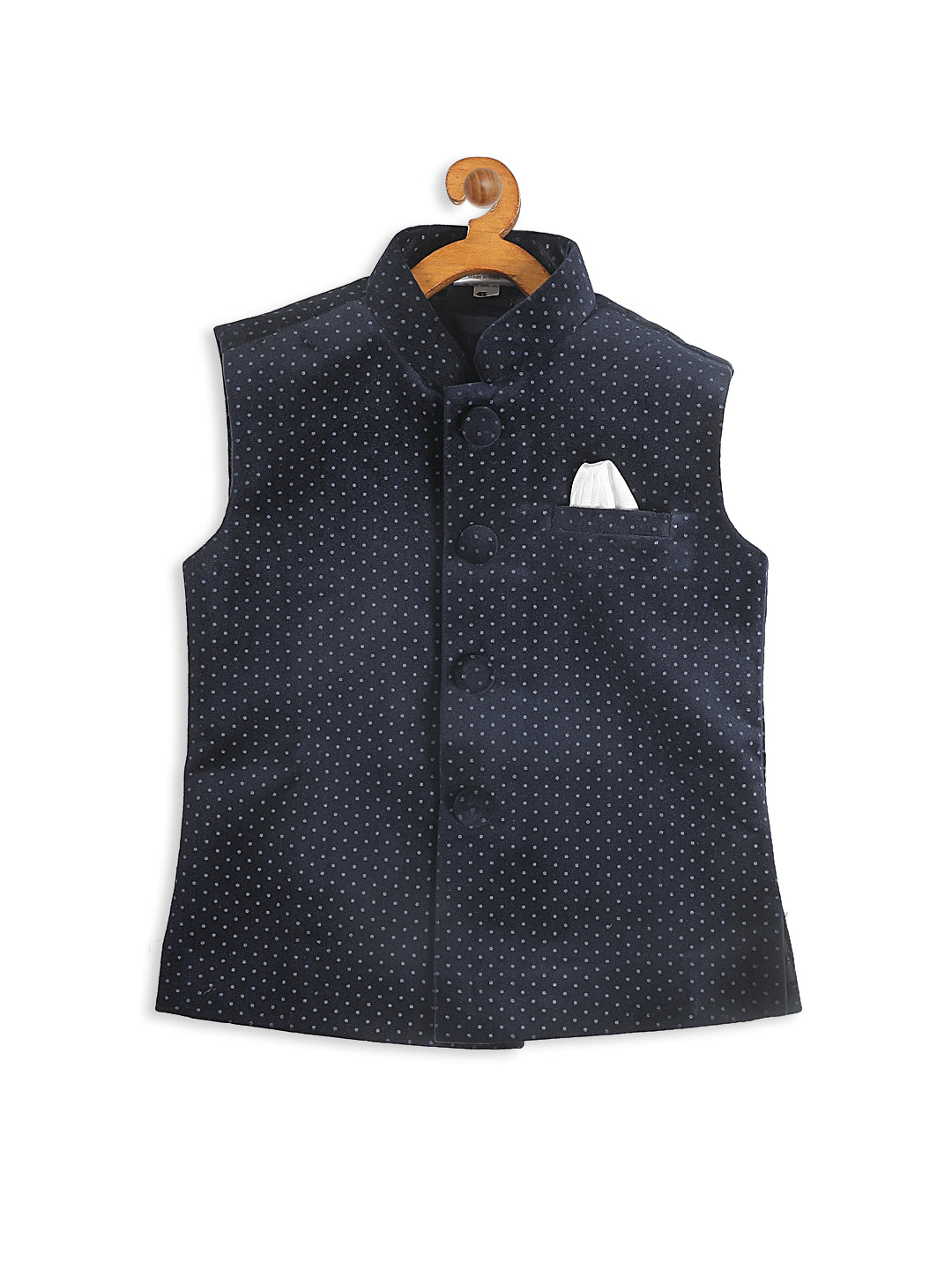 VASTRAMAY Boys Navy Blue & White Printed Velvet Nehru Jacket - qivii