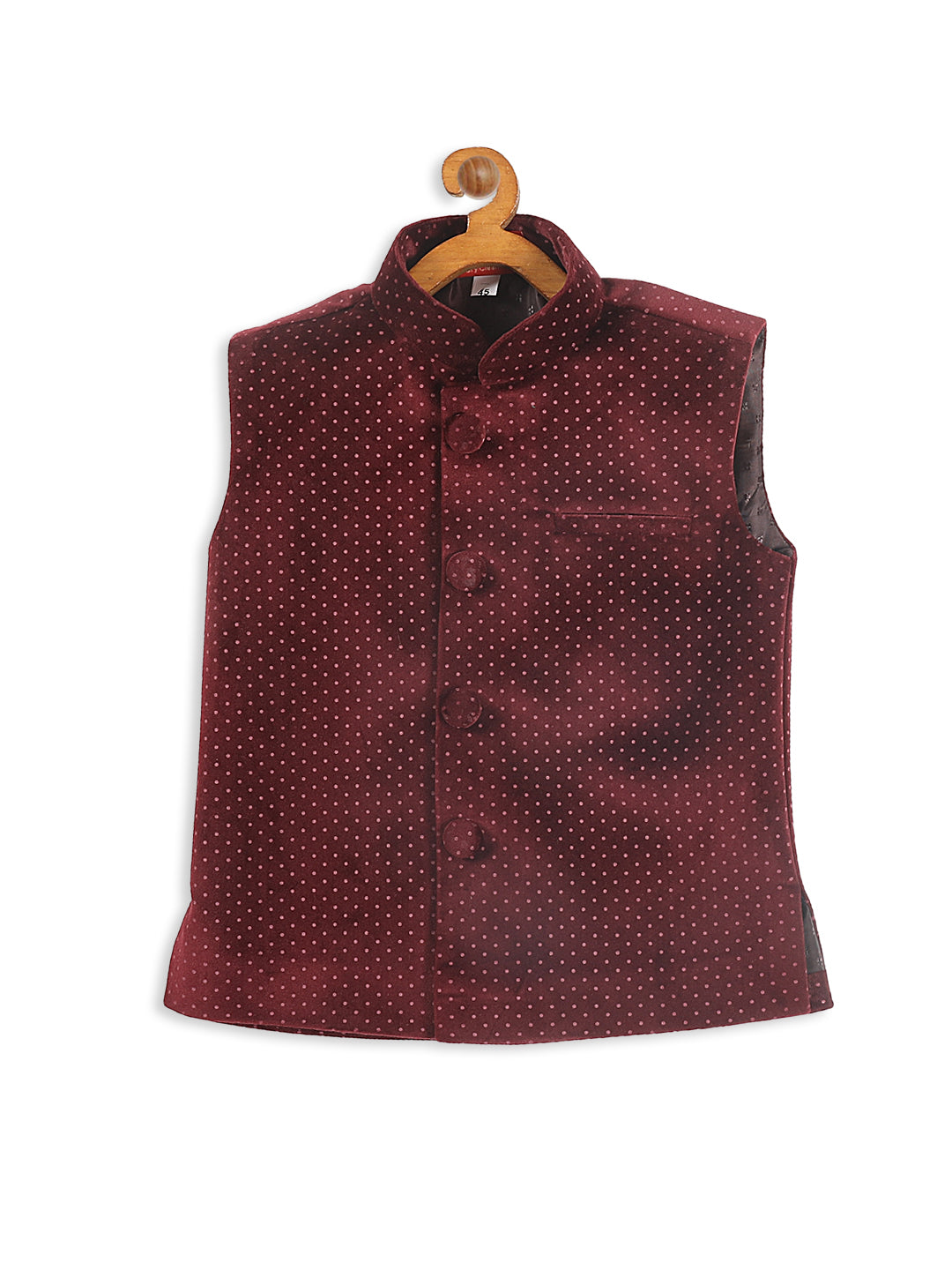 VASTRAMAY SISHU Boys Maroon Polka Dots Print Velvet Nehru Jacket - qivii