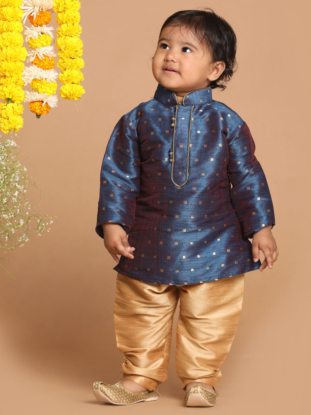 VASTRAMAY Boy's Blue Woven Design Kurta And Rose Gold Pyjama Set - qivii