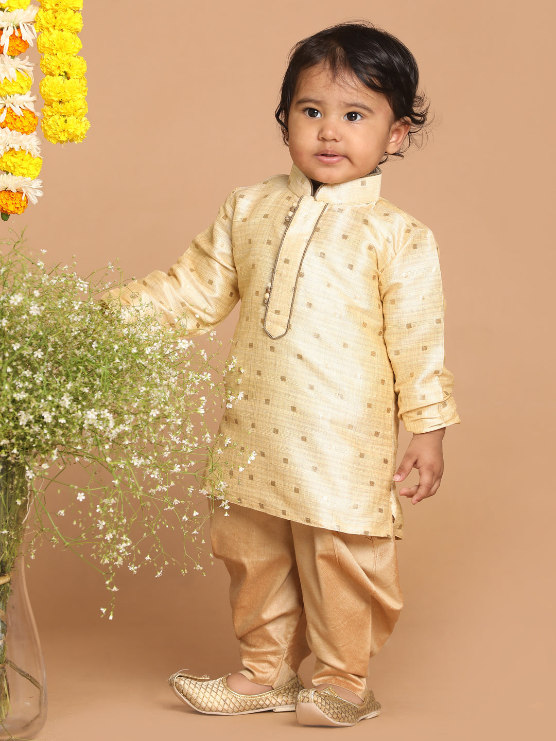 VASTRAMAY Boy's Gold Woven Design Kurta With Dhoti Set - qivii
