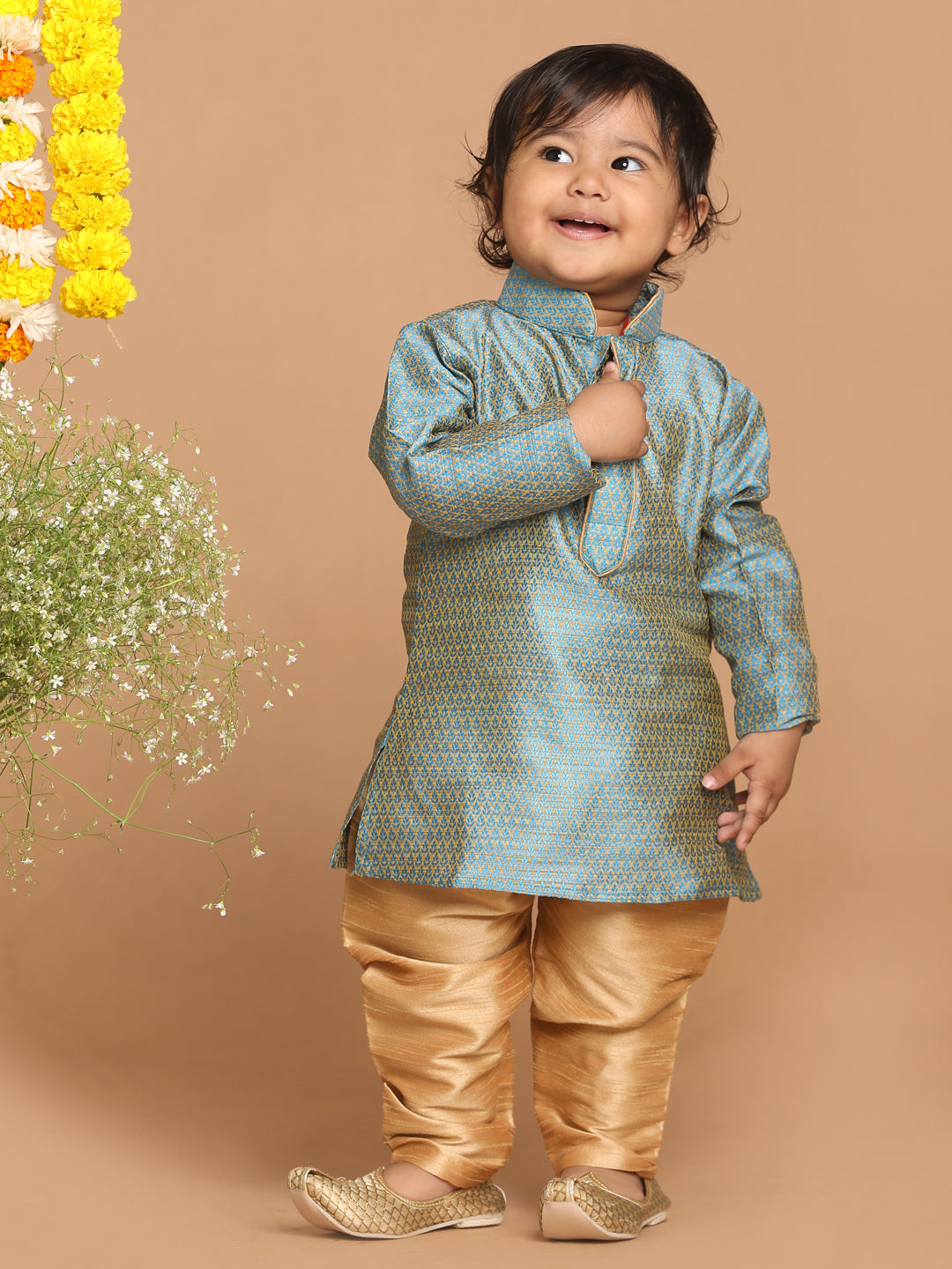 VASTRAMAY SISHU Boys Blue Woven Kurta With Rose Gold Pyjama Set - qivii