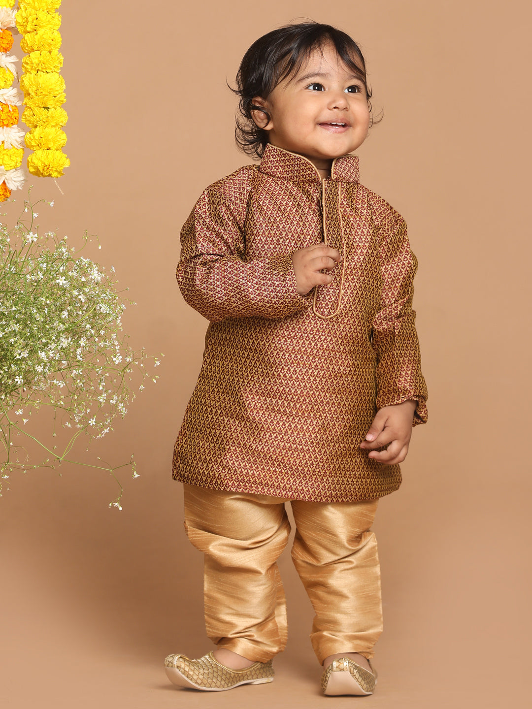 VASTRAMAY SISHU Boy's Maroon Woven Design Kurta With Rose Gold Pyjama Set - qivii
