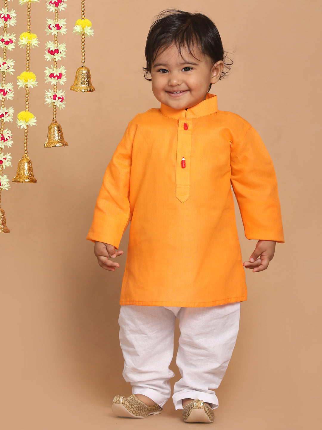 VASTRAMAY Boy's Orange Color Kurta With White Pyjama Set - qivii