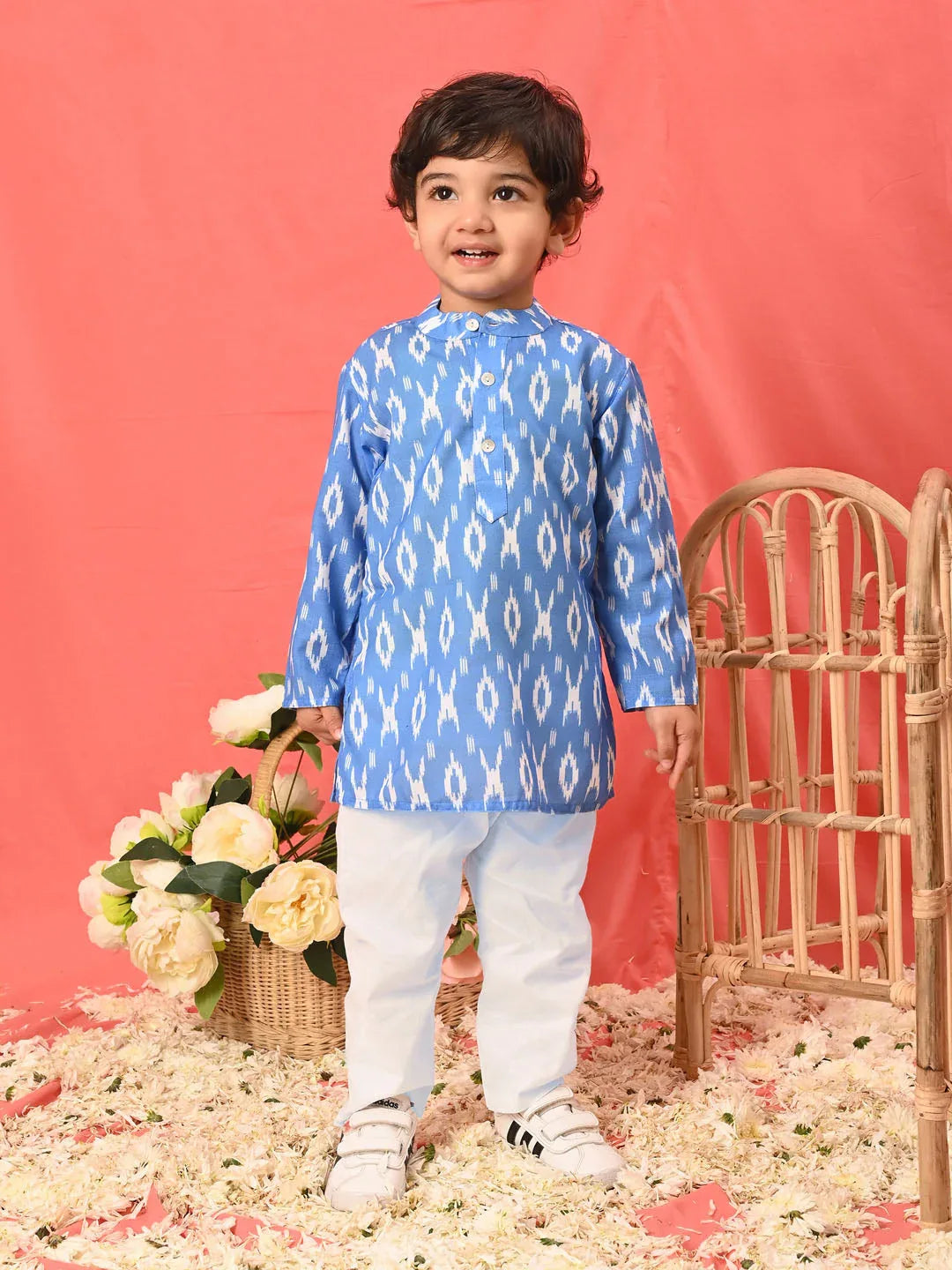 Sishu Boy's Traditional Ikkat Print Flat Collar Kurta And Pyjama Set