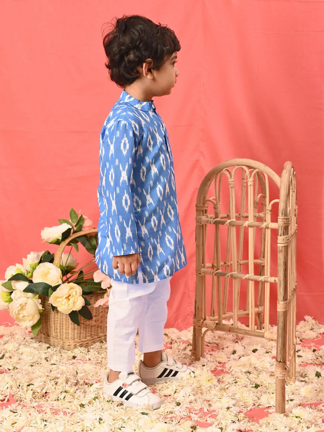 Sishu Boy's Traditional Ikkat Print Flat Collar Kurta And Pyjama Set