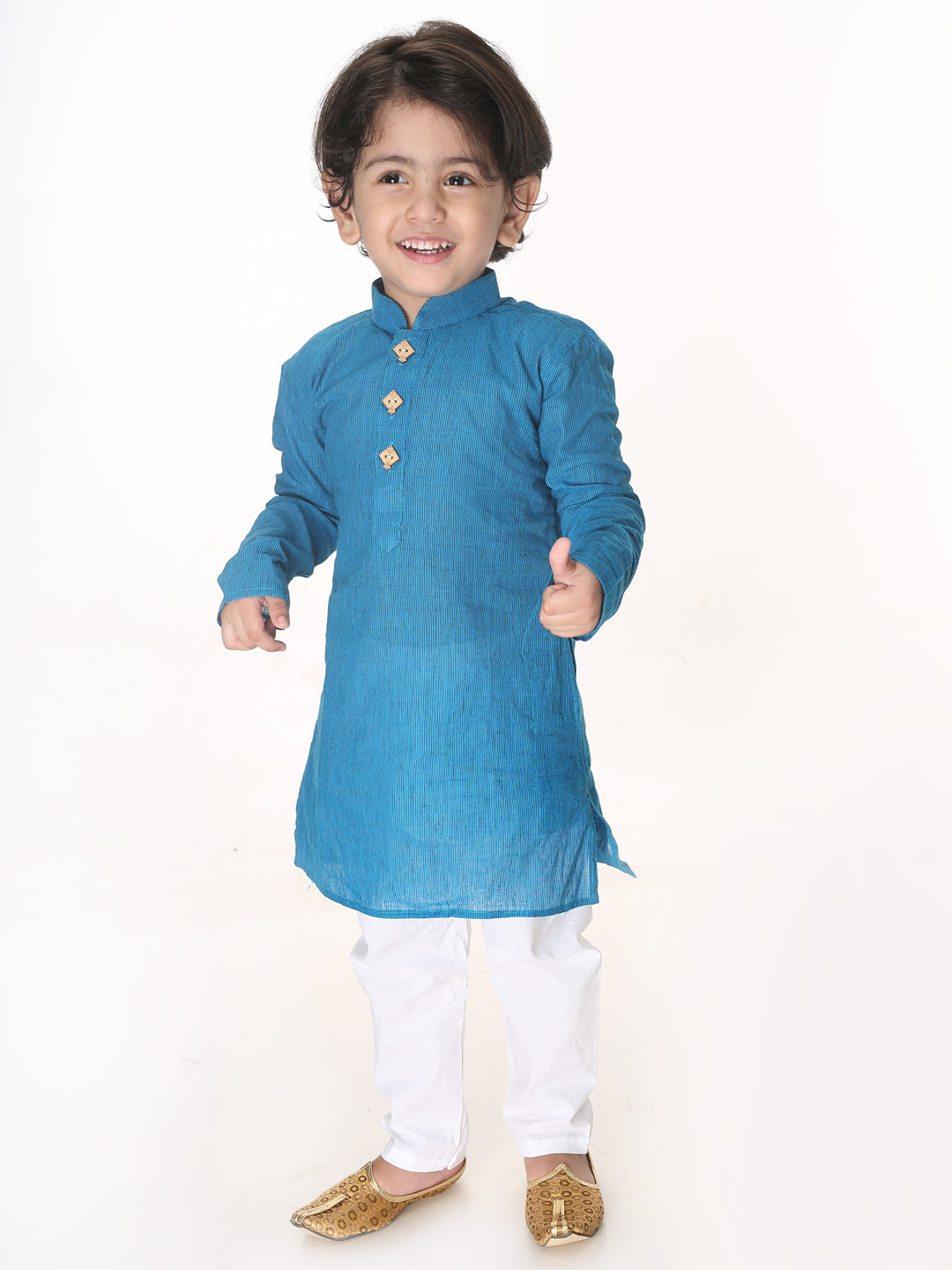 VASTRAMAY Boys Aqua Blue and White Pure Cotton Kurta Pyjama Set - qivii