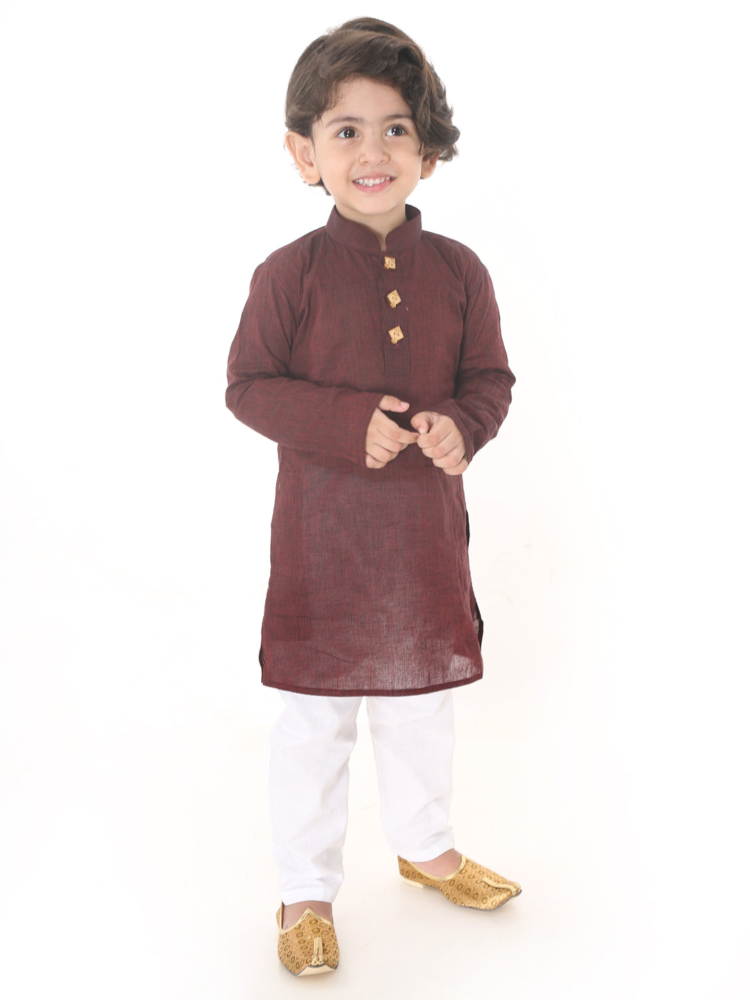 VASTRAMAY Boys Maroon And White Pure Cotton Kurta Pyjama Set - qivii