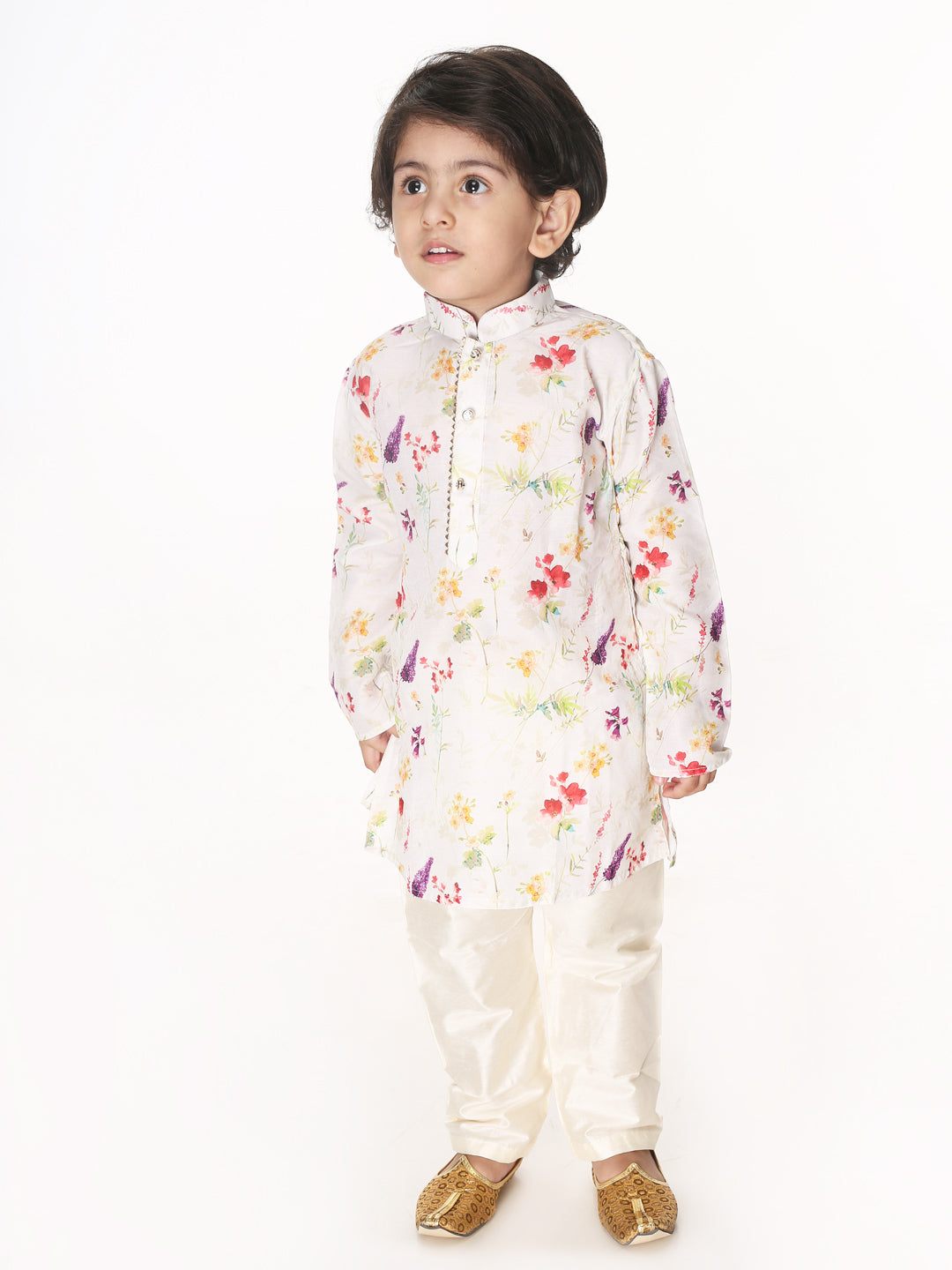VASTRAMAY Boys Multicolor-Base-Cream Cotton Blend Kurta Pyjama Set - qivii