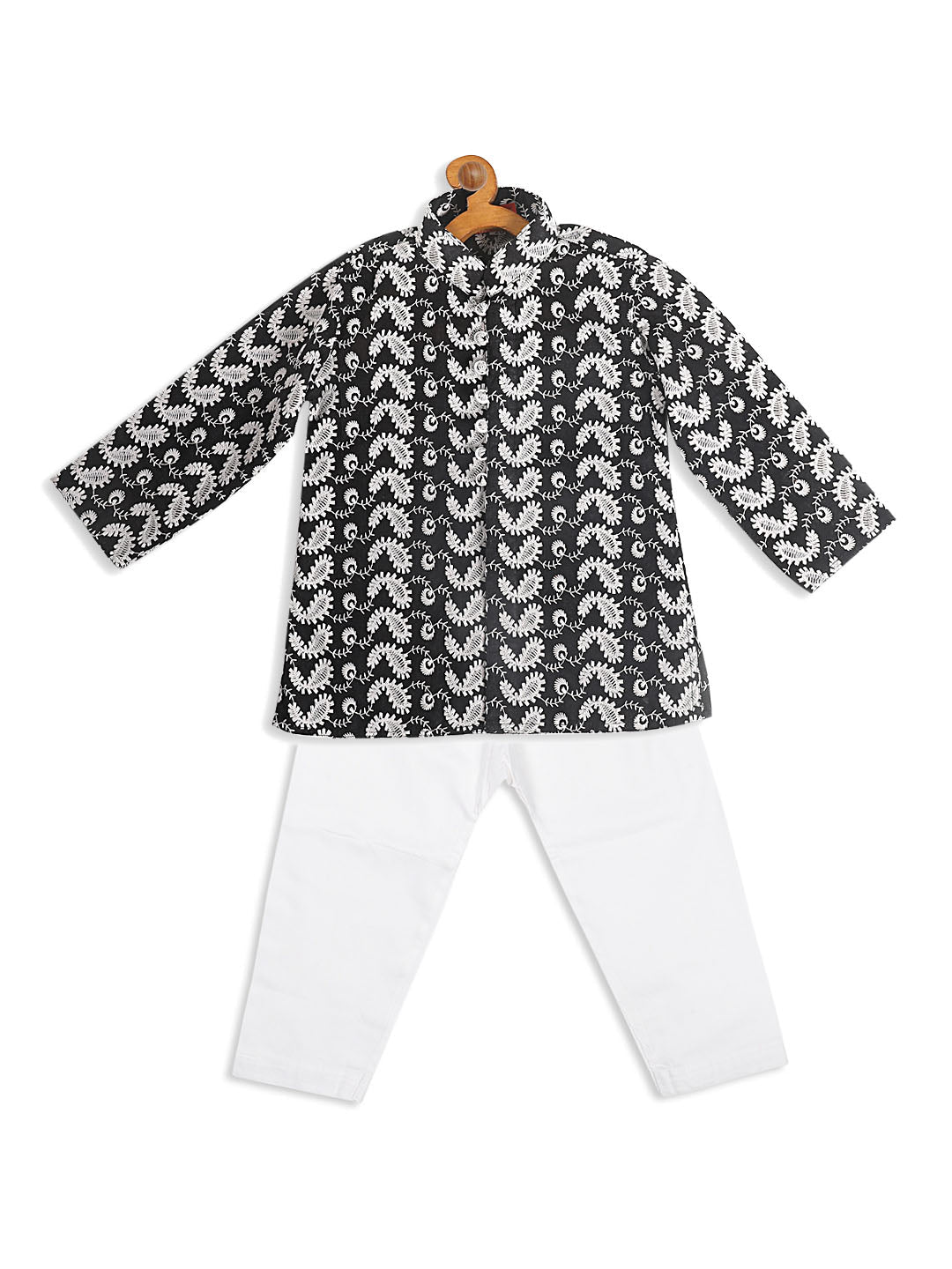 VASTRAMAY SISHU Boy's Black Chikankari Pure Cotton Kurta With White Pyjama Set - qivii