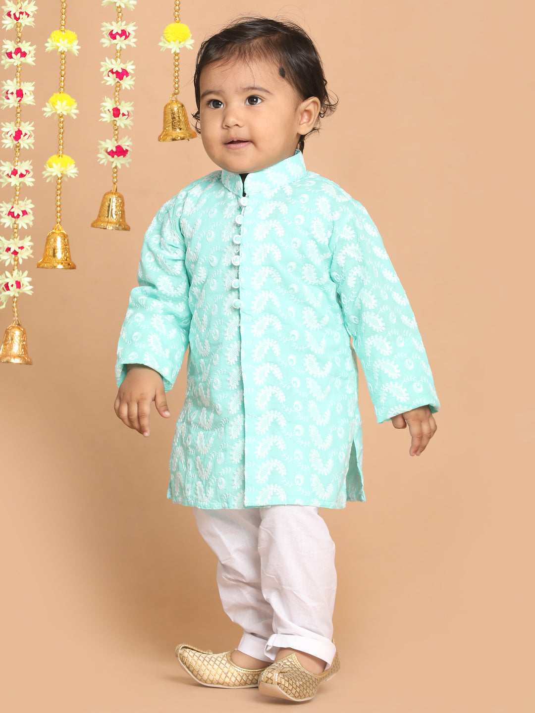 VASTRAMAY SISHU Boy's Green Chikankari Pure Cotton Kurta With White Pyjama Set - qivii